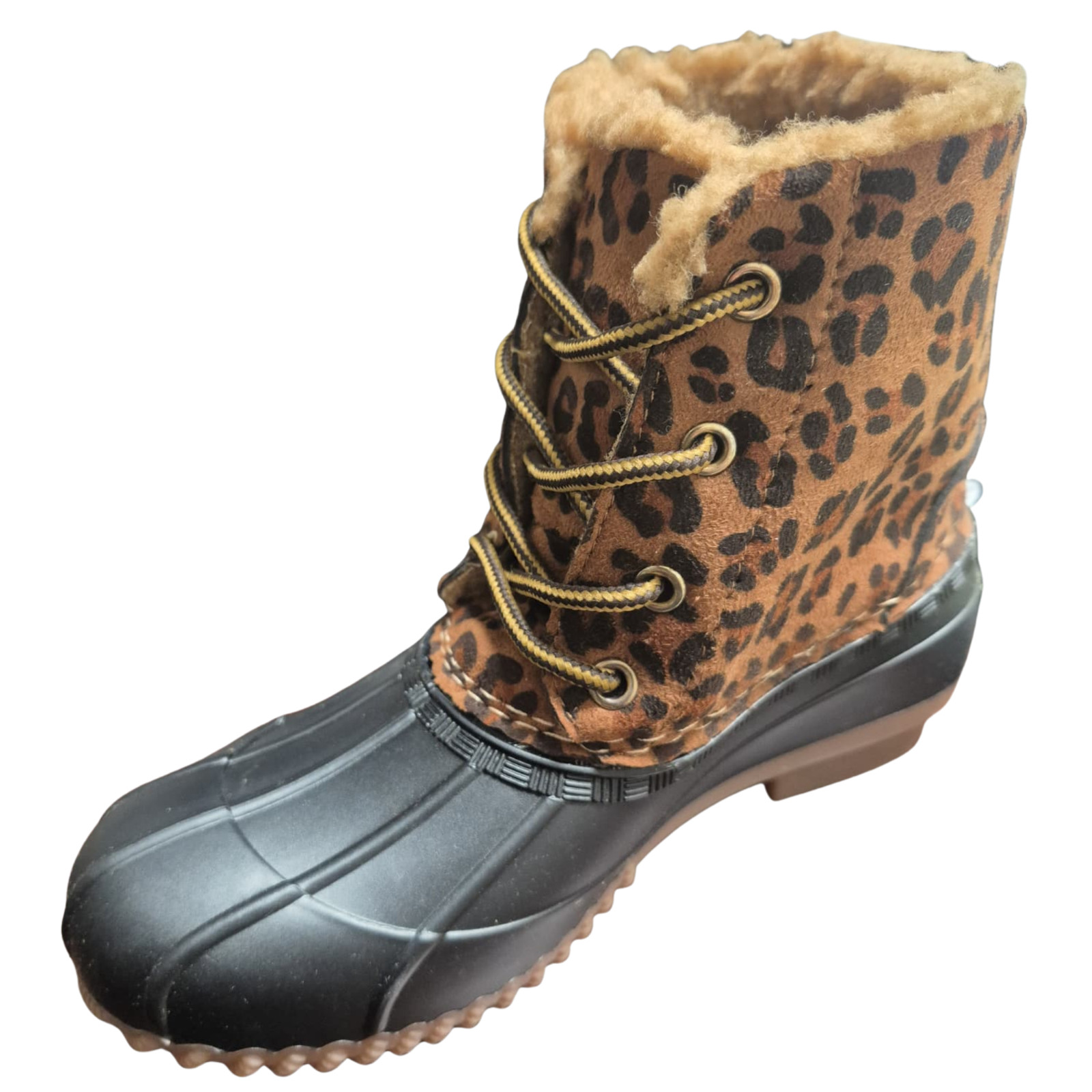 Olivia Miller Girls Lace-Up Duck Boots Size 12 – Leopard Faux Fur Lined