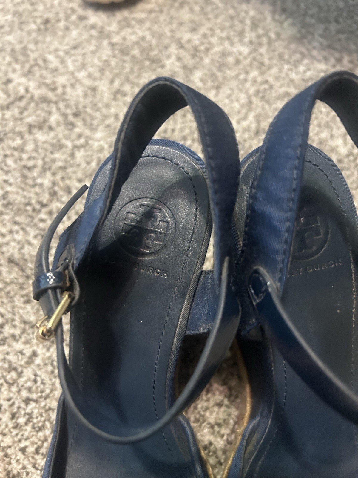 Tory Burch Blue Wedge Ankle Strap Sandals Bow Logo Buckle Women’s US 8