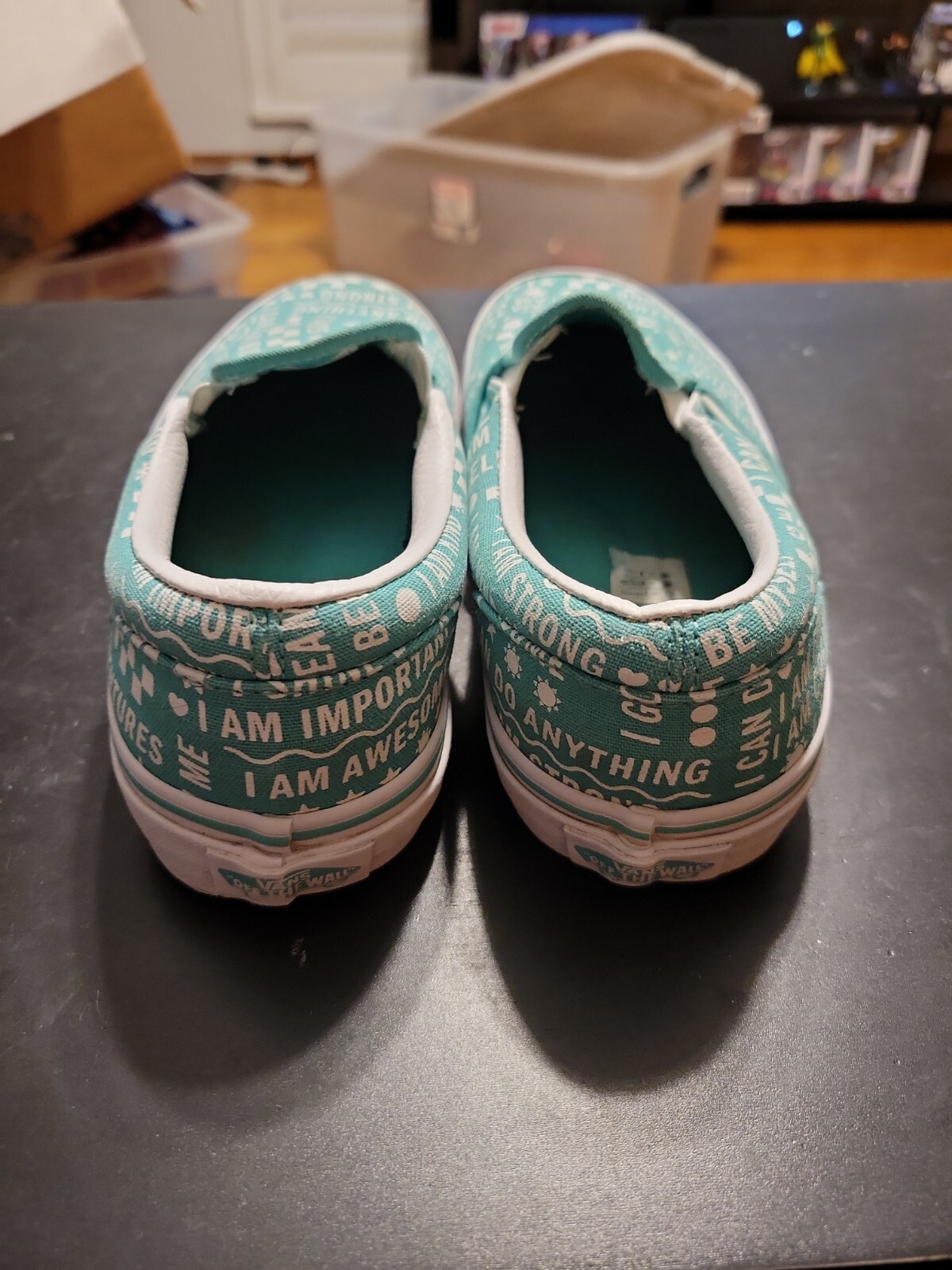Vans Teal Slip On kids 2.5 Positive Sayings