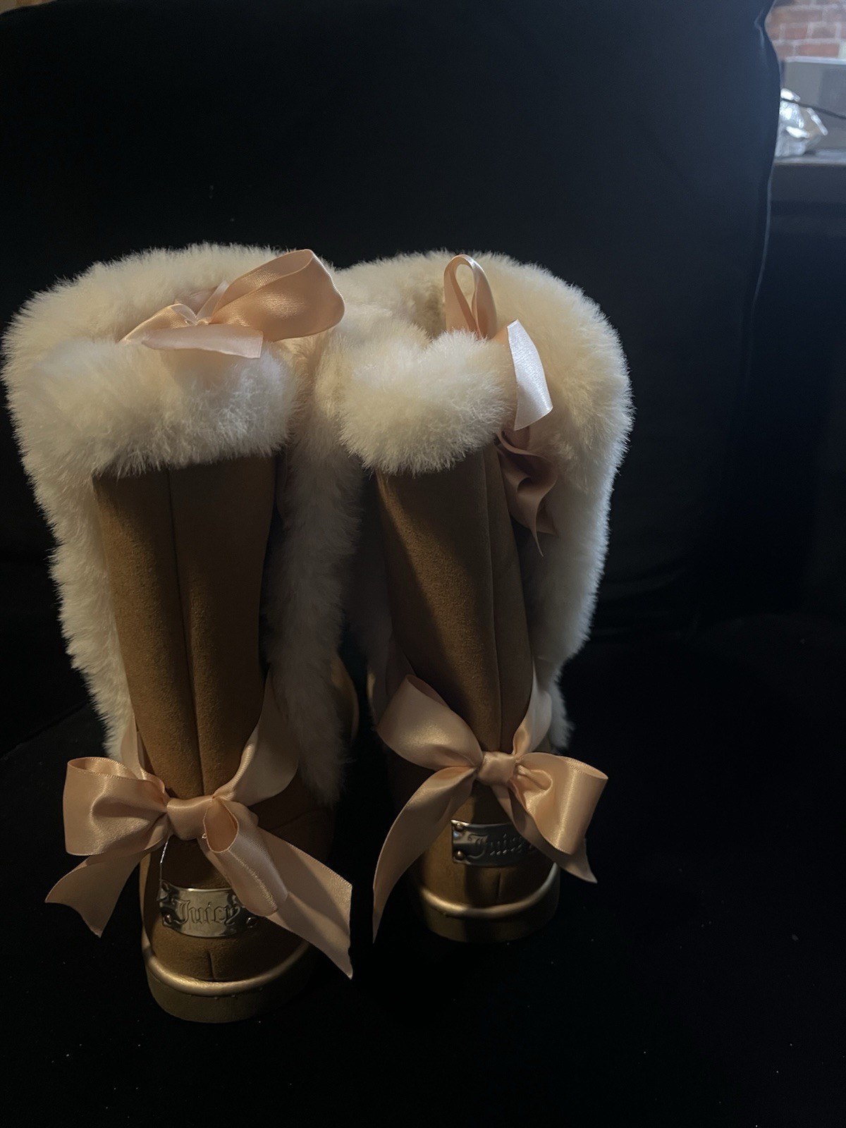 Juicy Couture Girls Tan Mid-Calf Slip-On Faux Fur Boots w/ Bows Size 6