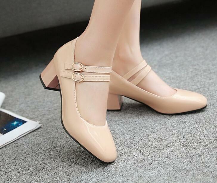 Womens Mid Block Heel Mary Janes Patent Leather Buckle Square toe Shoes Pumps