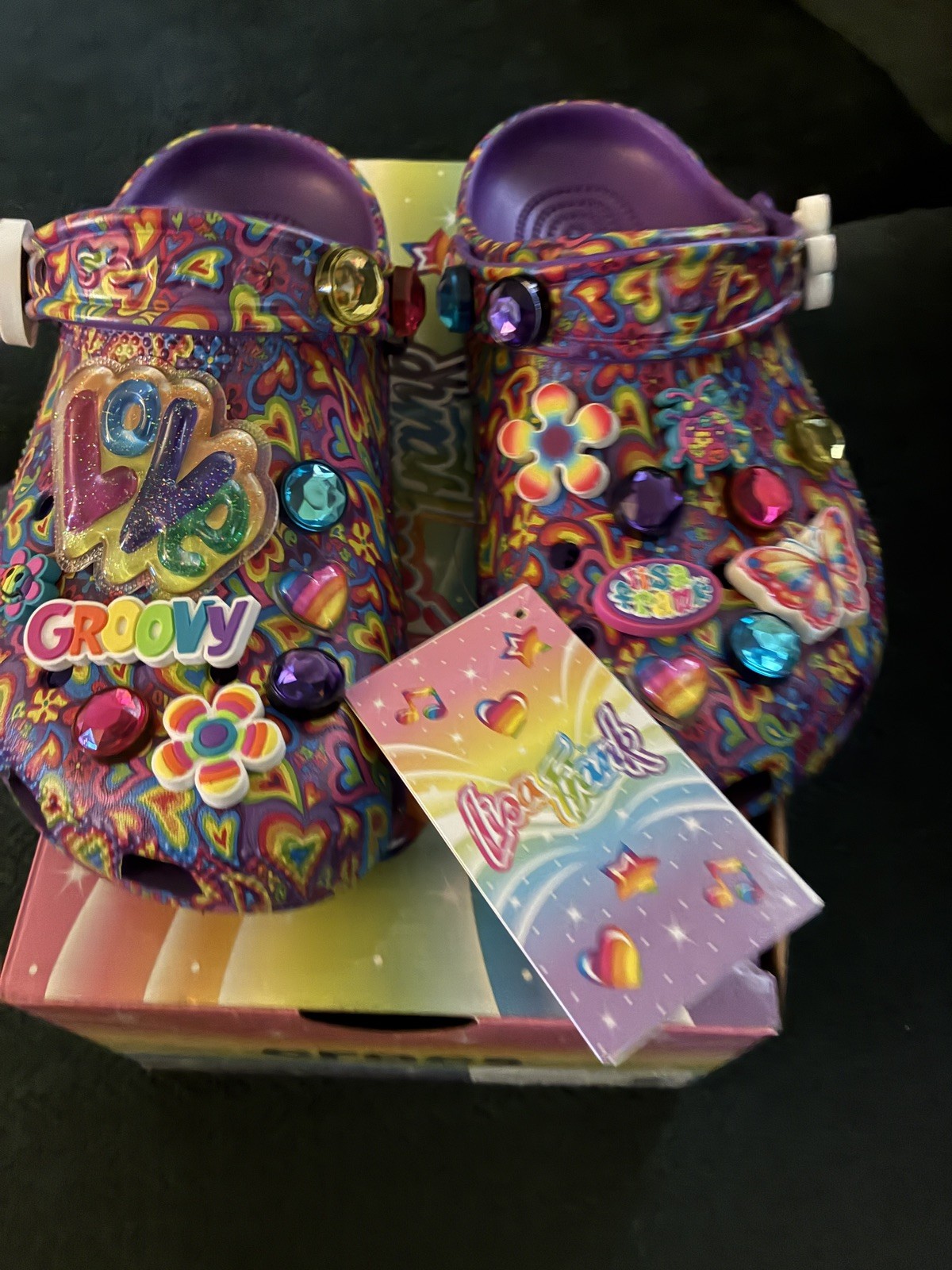 New Lisa Frank Crocs Classic Clog Neon Purple Multi Hearts Men 4 Women 6