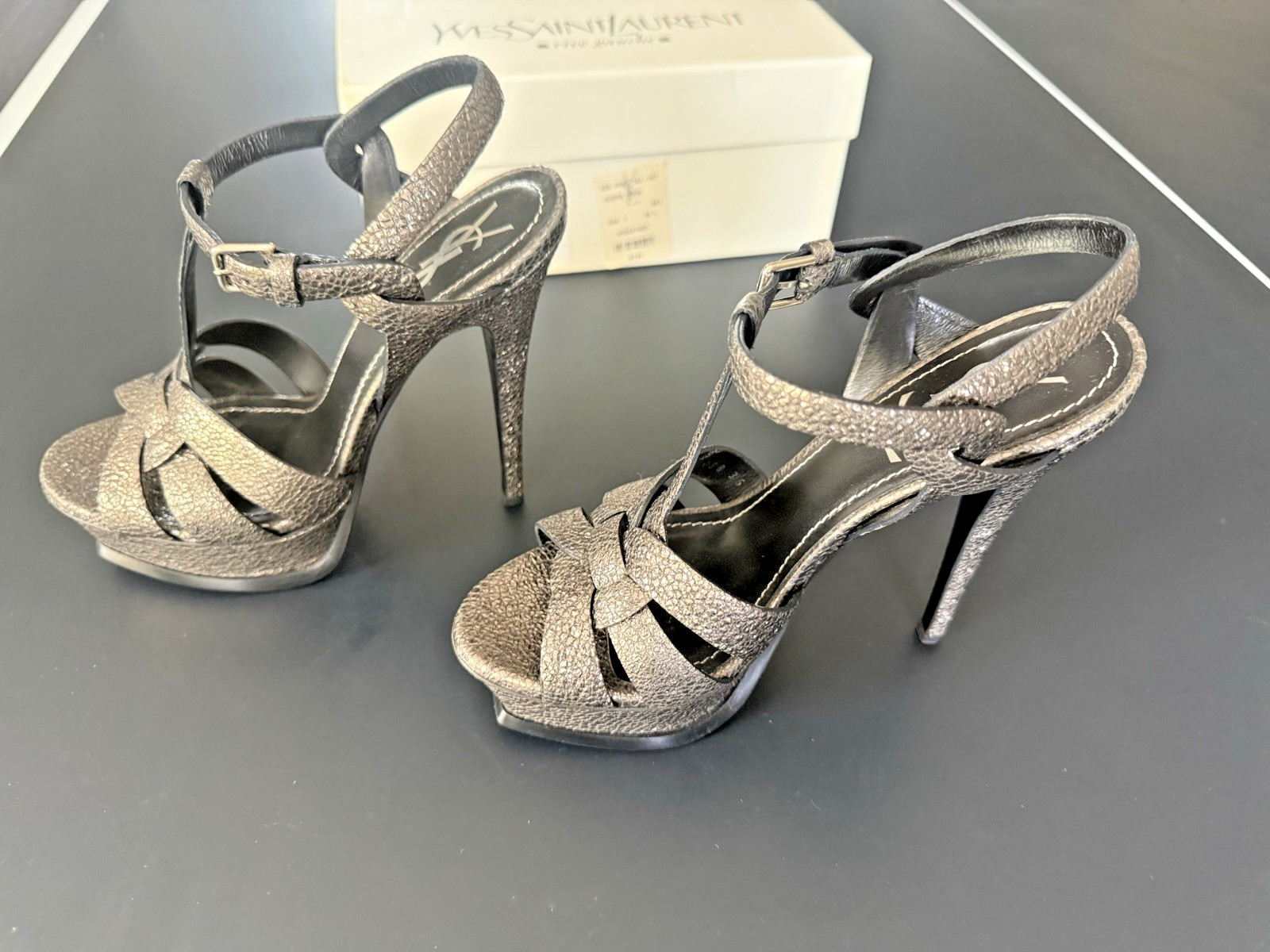 Saint Laurent YSL Metallic Tribute Platform Heels Sandals Gunmetal EU 36 US 6