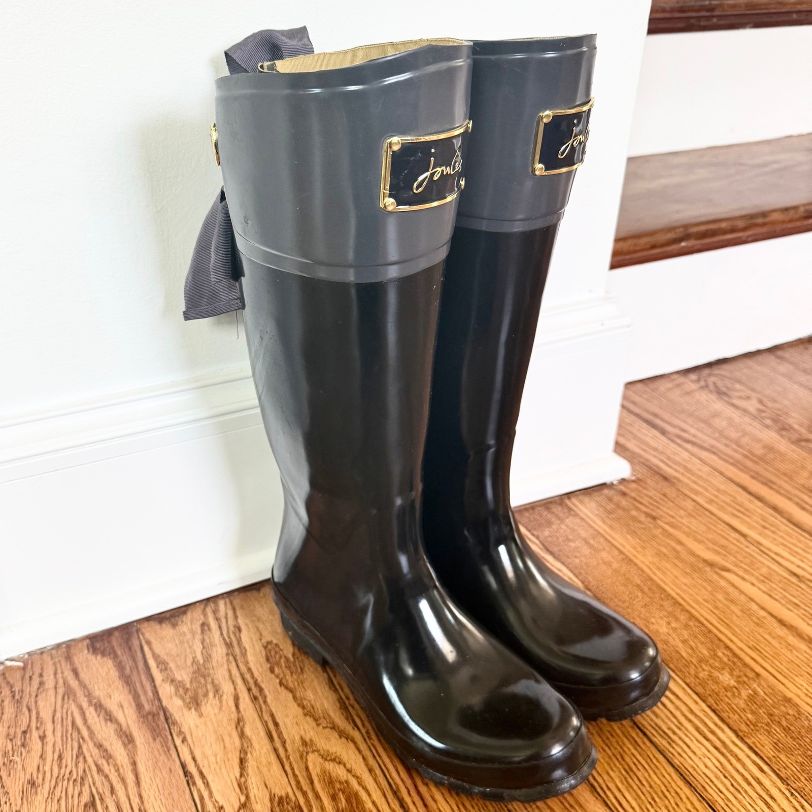 Joules Evedon Rain Boots Womens 8 Black Bow Back Waterproof Tall