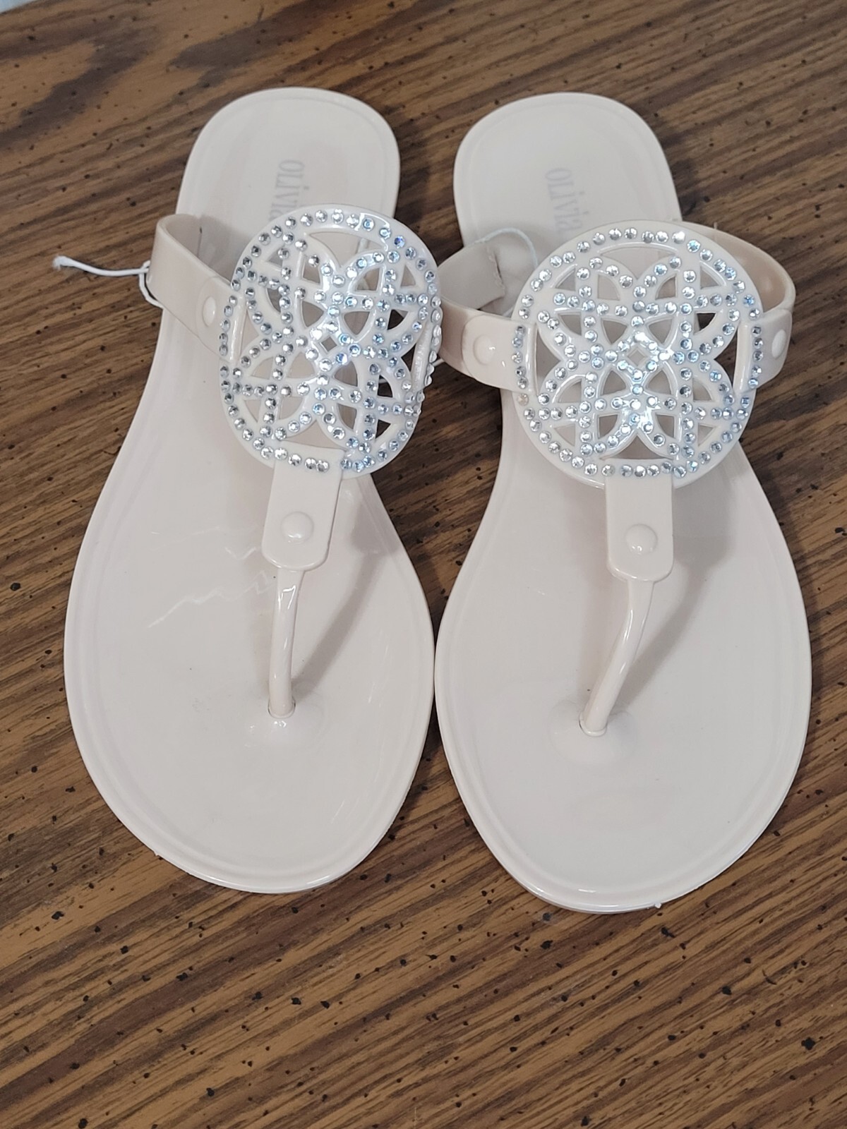 Olivia Miller Sandals Size 6 Beige Rhinestones Thong Jelly Flat Slip On NWT