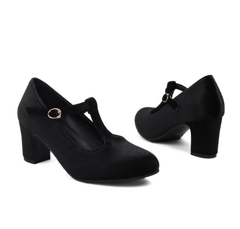 Women’s Mary Jane Work Shoes Mid Block Heel Velvet T Strap Dress Shoes Plus Size