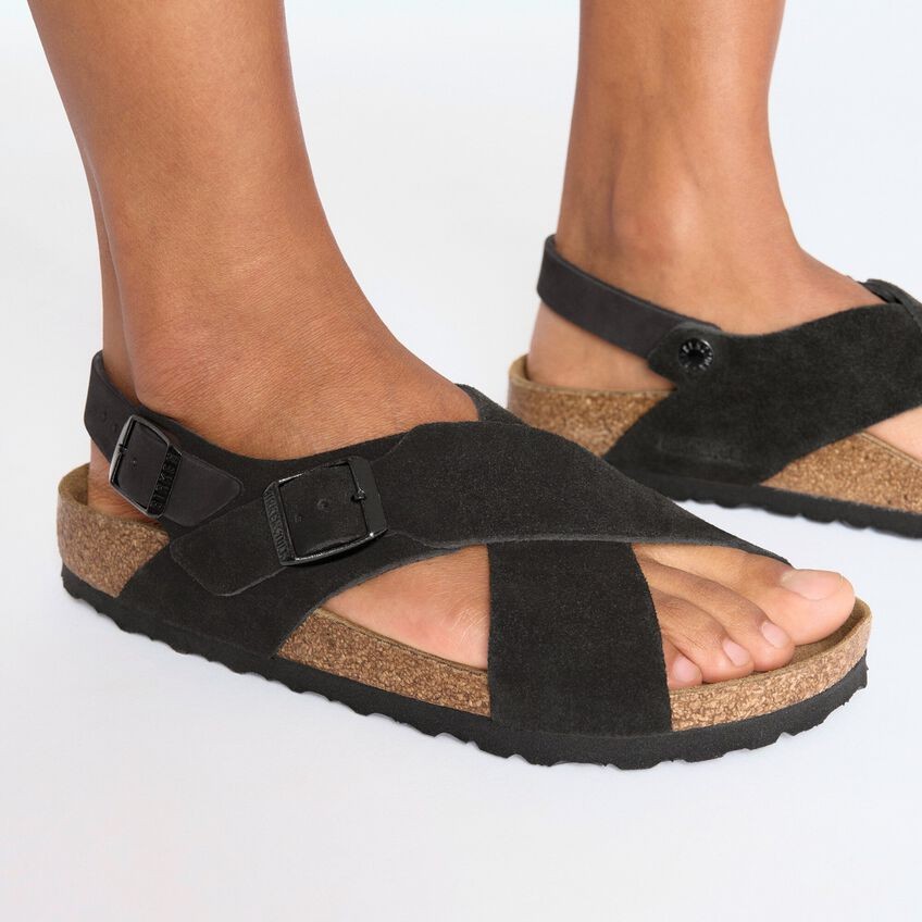 BIRKENSTOCK TULUM SFB BLACK MEDIUM/NARROW WIDTH SUEDE CROSSED SANDAL SOFT FOOTBE