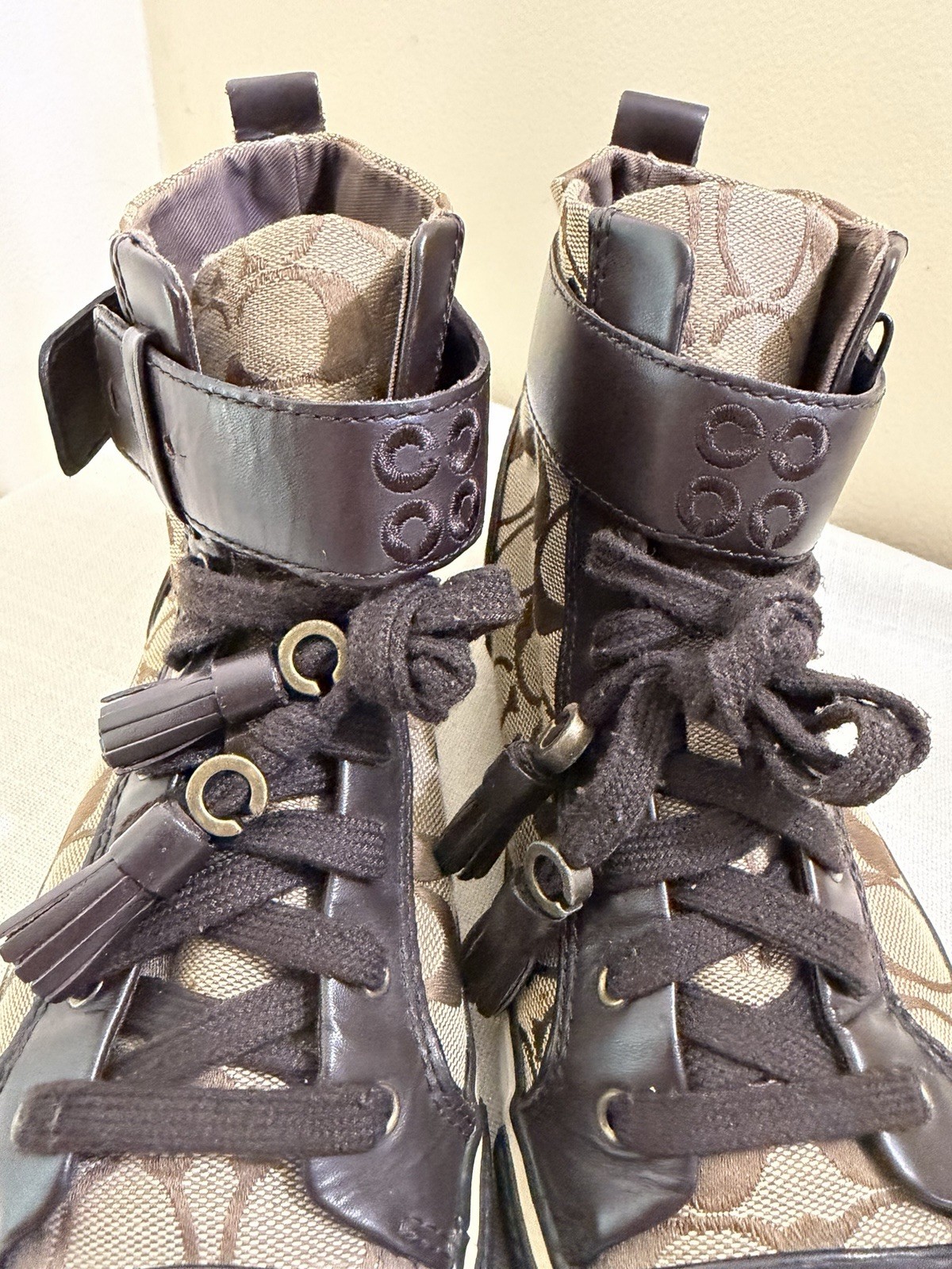 Vintage Y2K Brown Coach Logo High Too Sneakers Textile Leather Tassel Laces 7