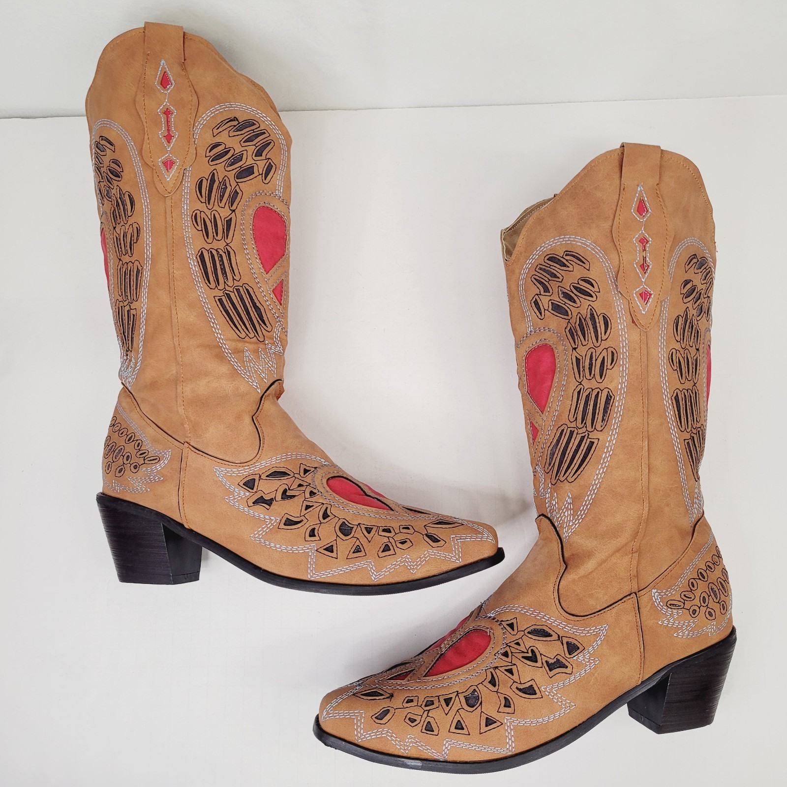 Womens Heart Angel Wing Cowgirl Boots 9.5 Cowgirl Western Faux Suede Brown Red