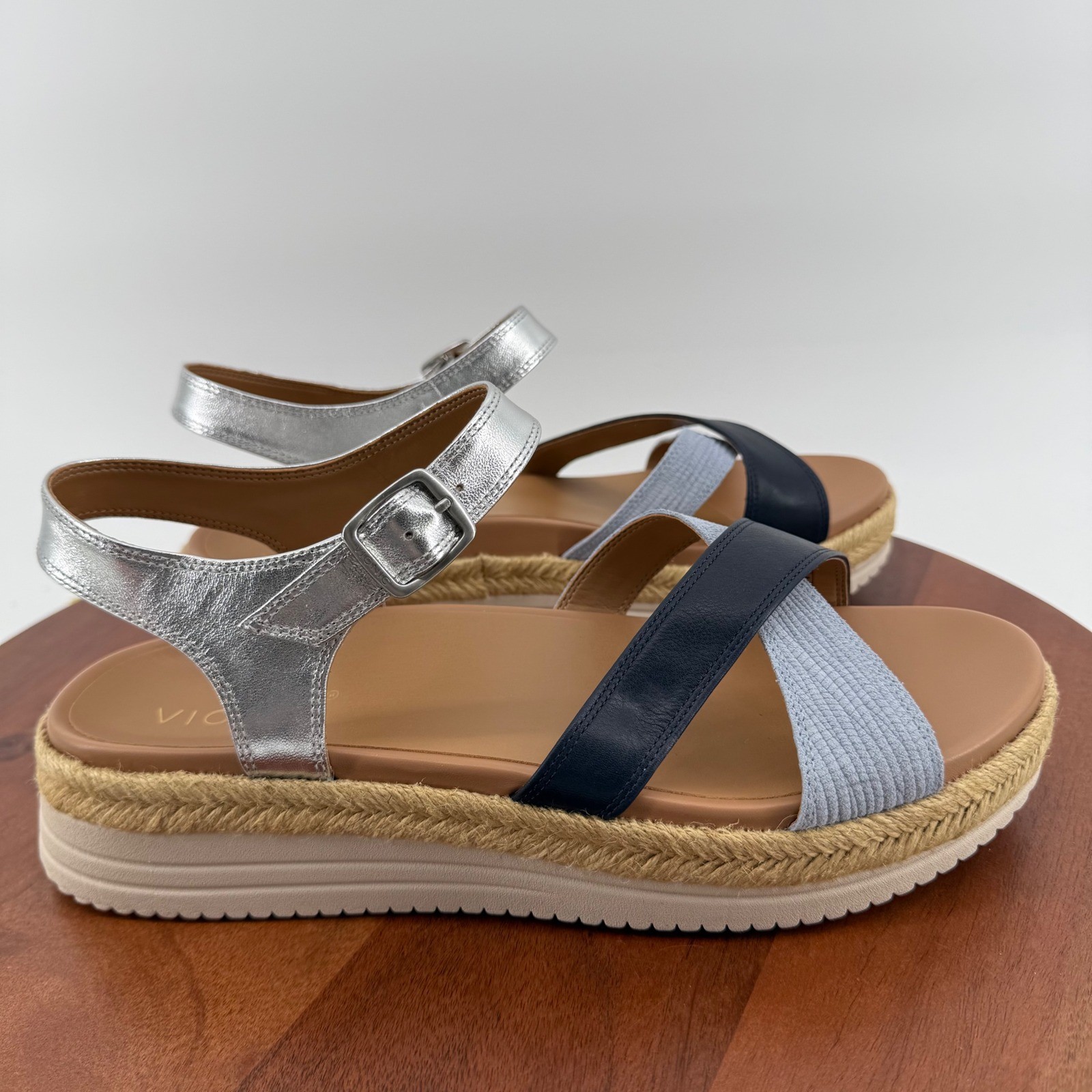 Vionic Mar Navy Multi Leather Platform Espadrille Orthotic Sandals Womens 11M