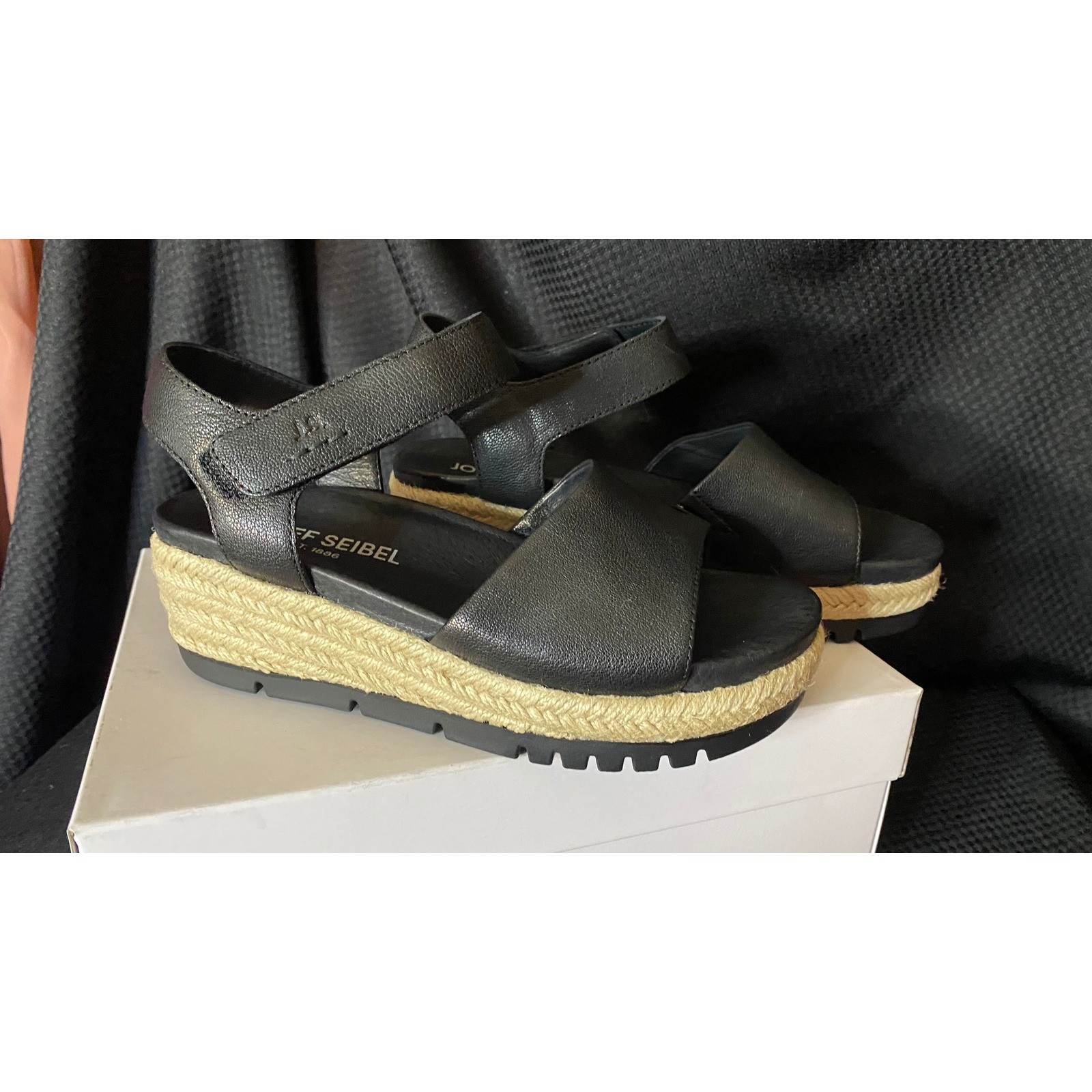 Josef Seibel Black Leather Wedge Sandals Adjustable Strap Size 37 US 6.5-7