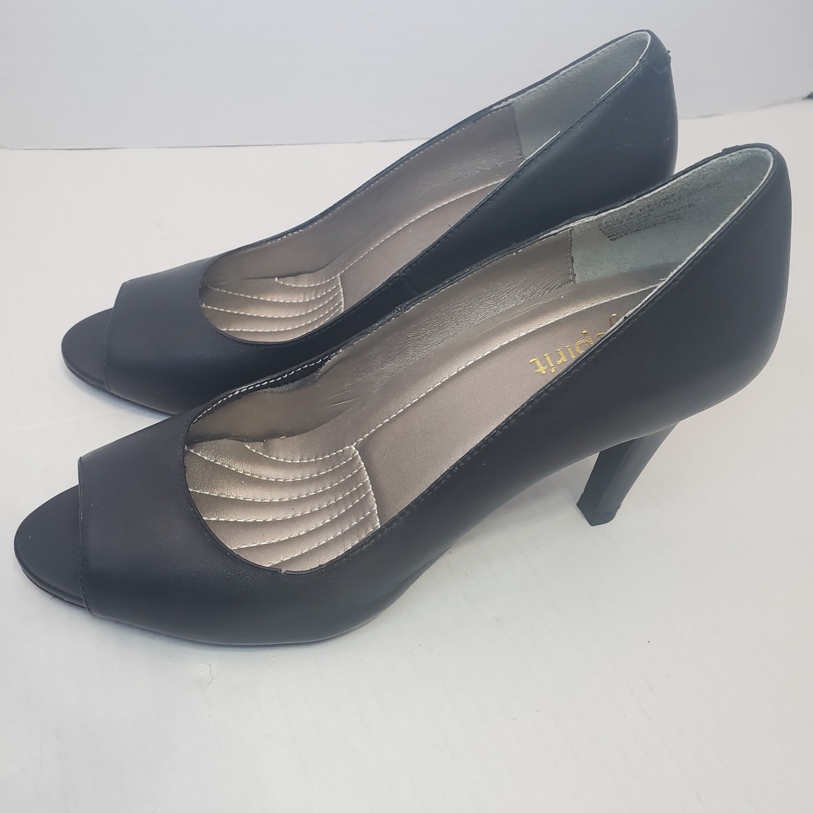 Easy Spirit Shoes Size 7W Black Leather Peep-toe Heels 3.25 inch Dressy Classic