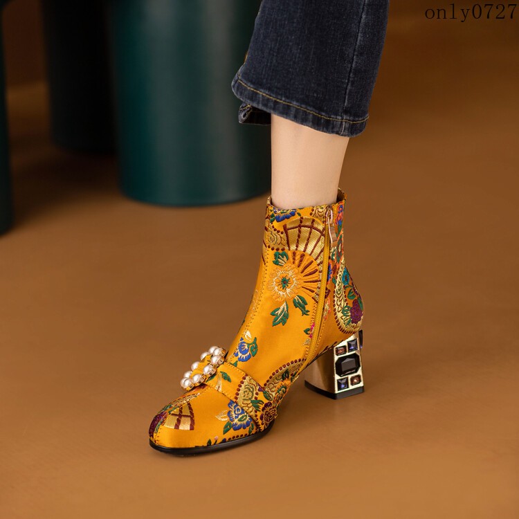 Women’s Ankle Boots Rhinestone Mid Chunky Heel Side Zip Embroidered Shoes Hot