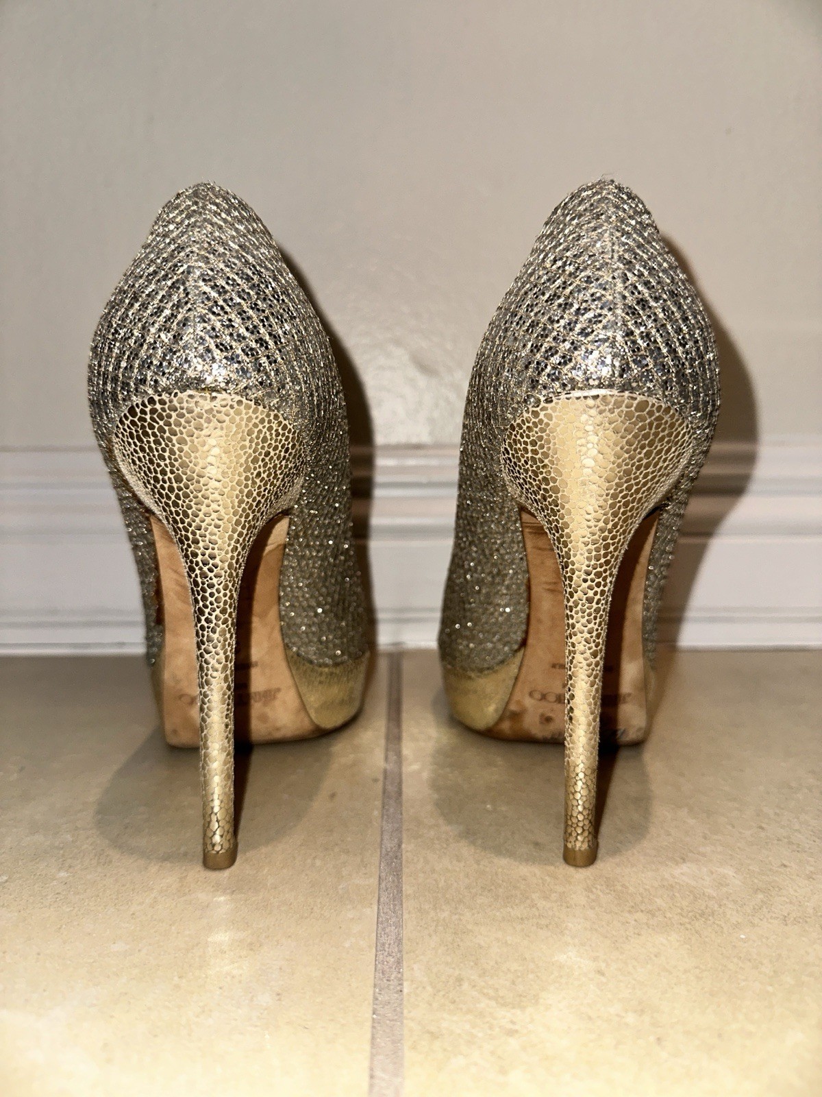 JIMMY CHOO SILVER GOLD SPARKLY PLATFORM Peep Toe HEELS 36.5