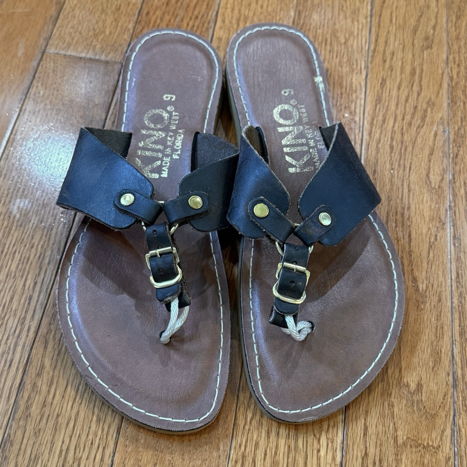 KINO Key West Womens 9 Australiano Leather Thongs Flop Flops Sandals Made In USA