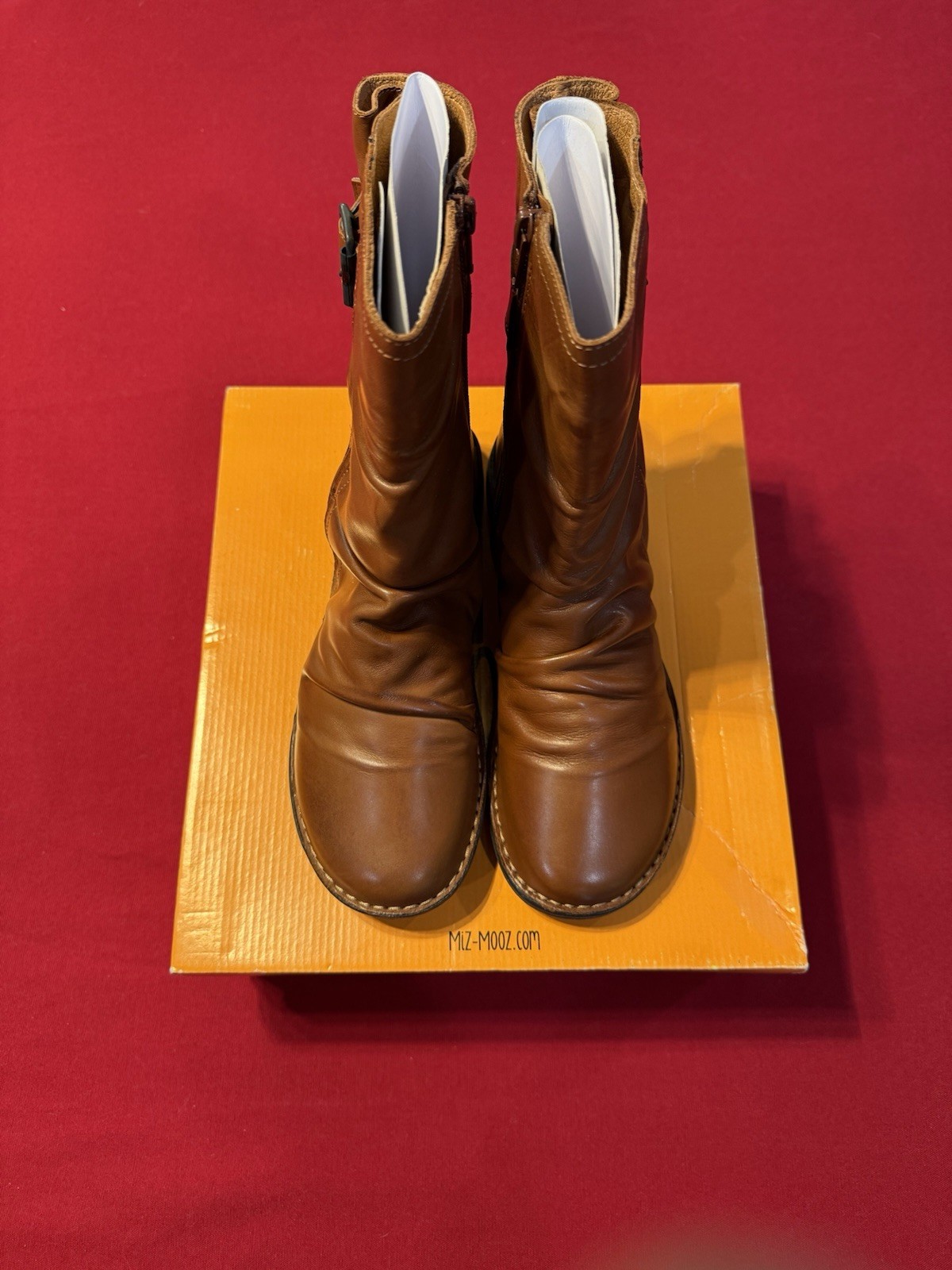 NEW Miz Mooz Parade Leather Buckled Mid Boots Brandy Women’s EU 38 7.5-8 US