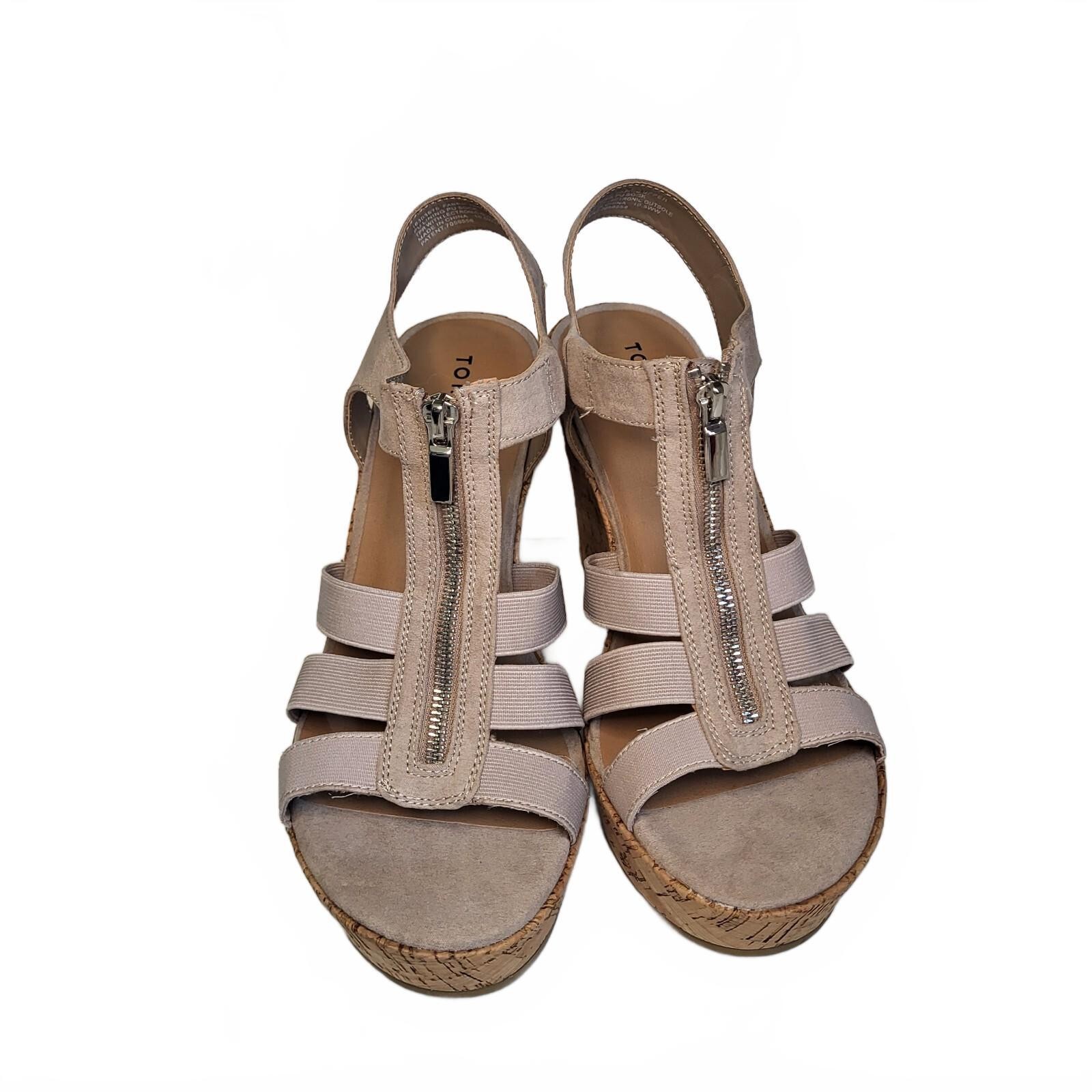 Torrid Beige Wedge Sandals with Front Zipper and Cork Heel, Size 10.5WW