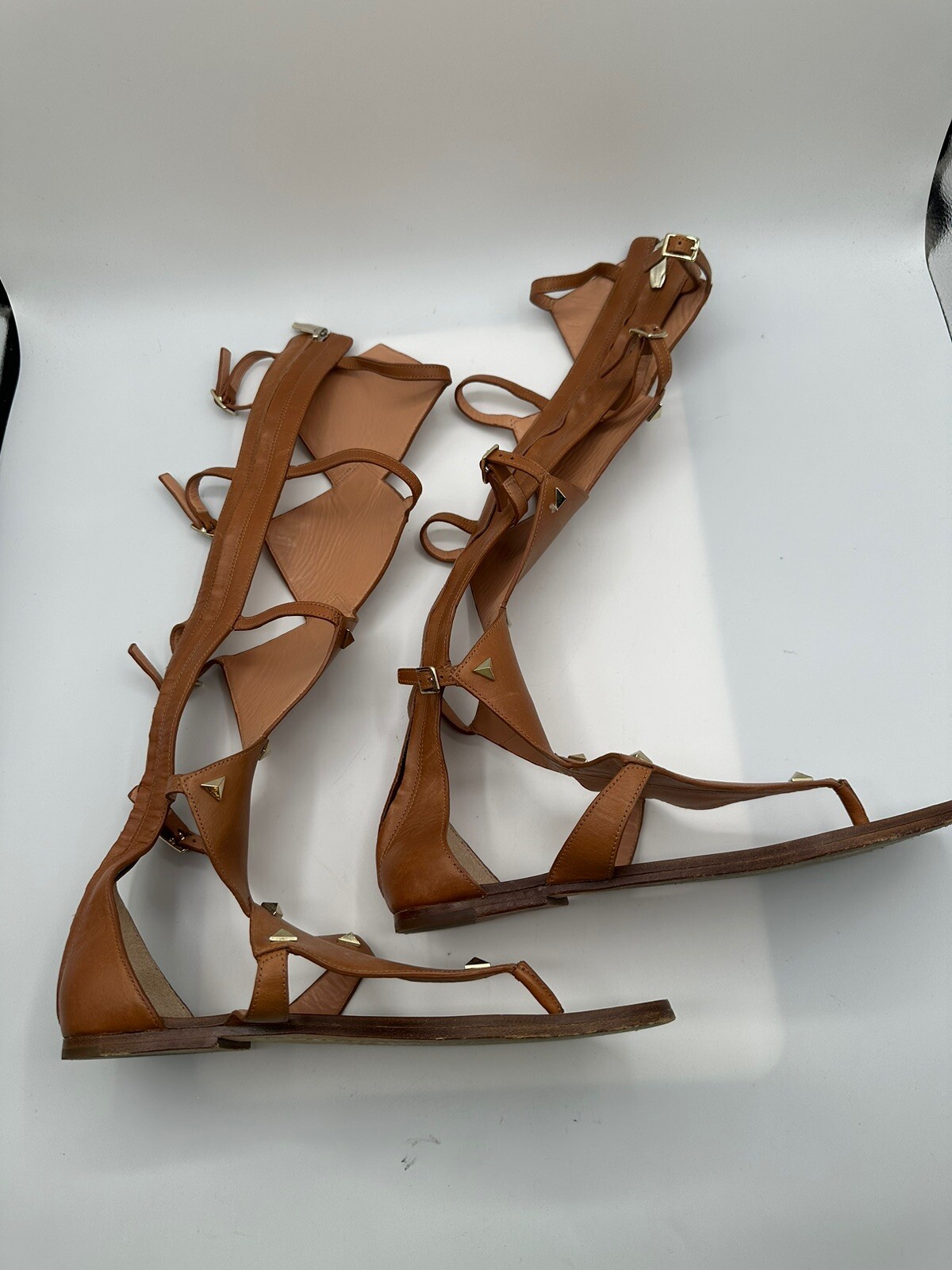 SIGERSON MORRISON BASPER TAN LEATHER STUDS KNEE HIGH GLADIATOR SANDAL WOMEN SZ 9