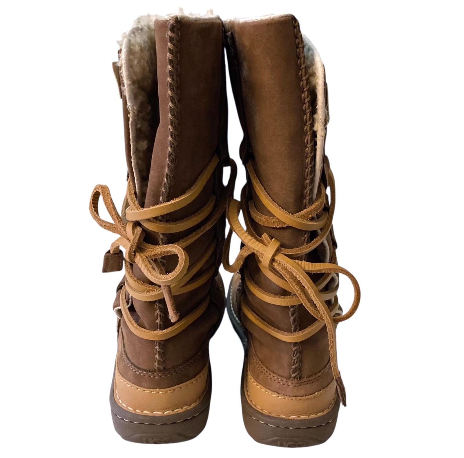 UGG Catalina Sheepskin Leather Boots Women Sz 6 Wrap Laces Mid Calf Goober Brown