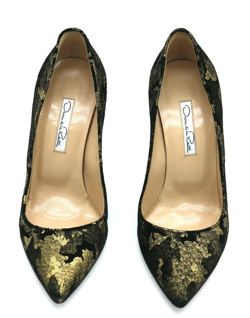 Oscar de la Renta Black Gold Metallic velvet suede 4″ Stiletto Heels Shoe Pump36