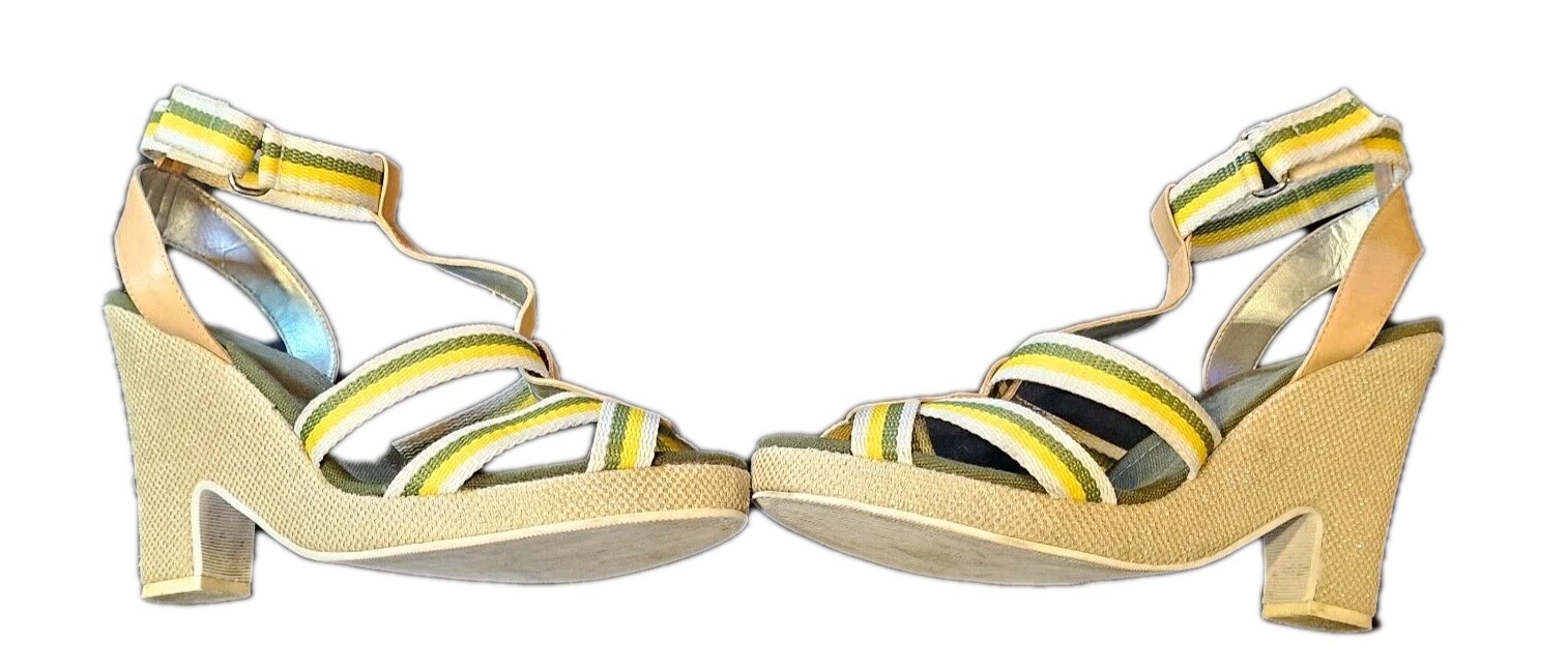 BCBG Green/Yellow Strappy Fabric Sparkle Heel Womens SZ 10B Party Cocktail,