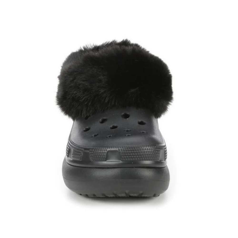 Crocs Furever Crush Black Faux Fur Platform Clogs Slip On women 6/men 4