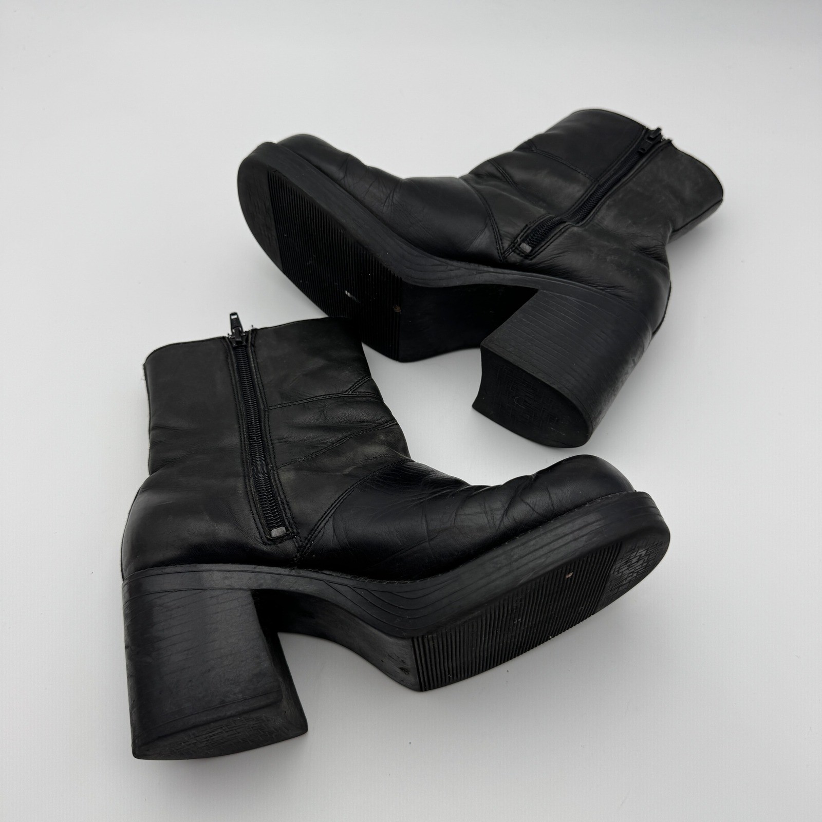 Prima Royale Corkin Black Leather Chunky Platform Ankle Boot 8.5M Square Toe Y2K