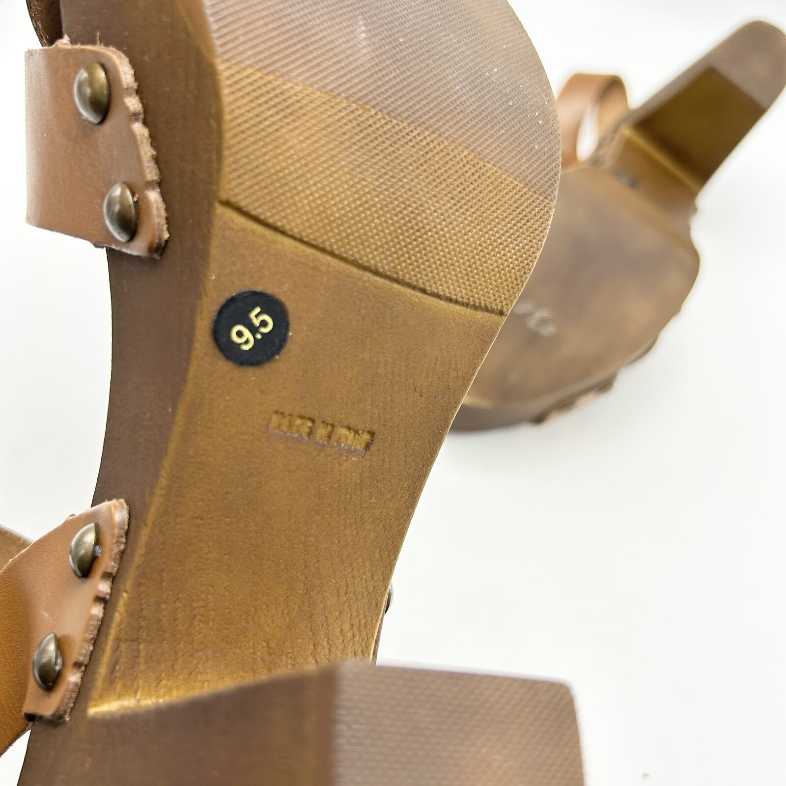 Mariella Sandals Womens 9.5 M Brown Leather Block Heels Wood Look Made in Italy