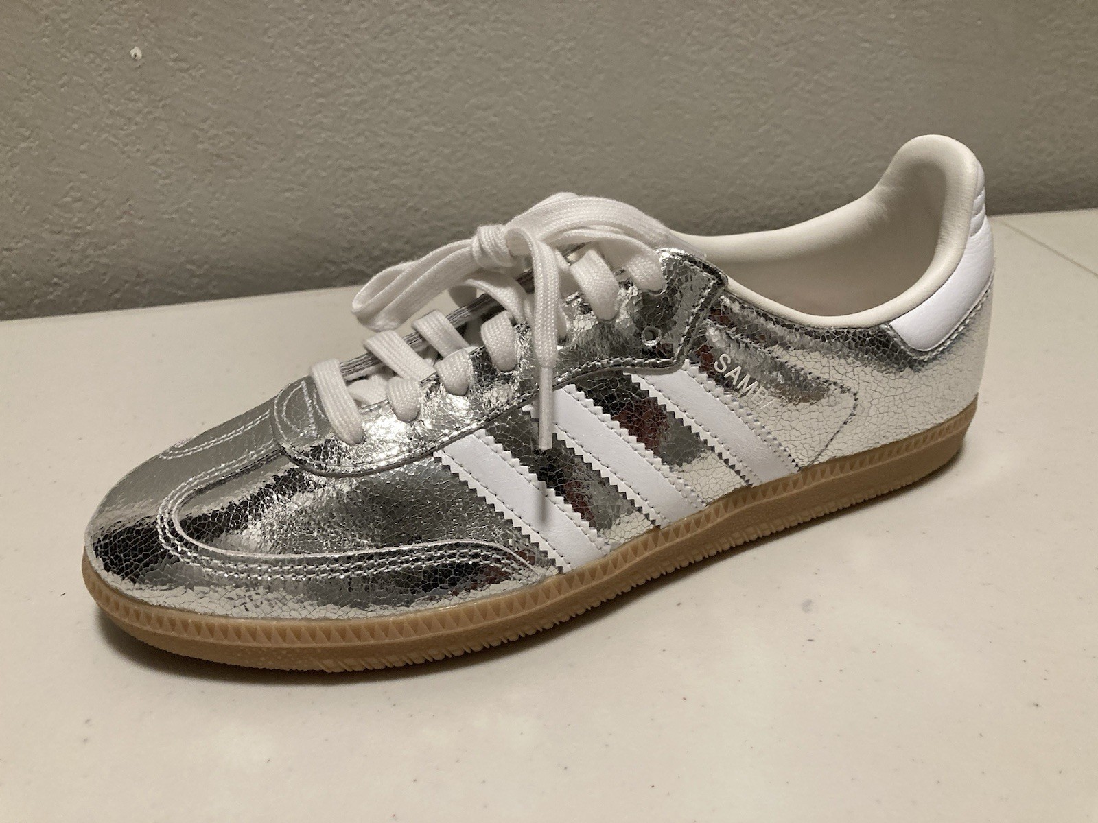 adidas Samba OG Silver Metallic/White Crackle Low Top Lace Up Leather JR0035