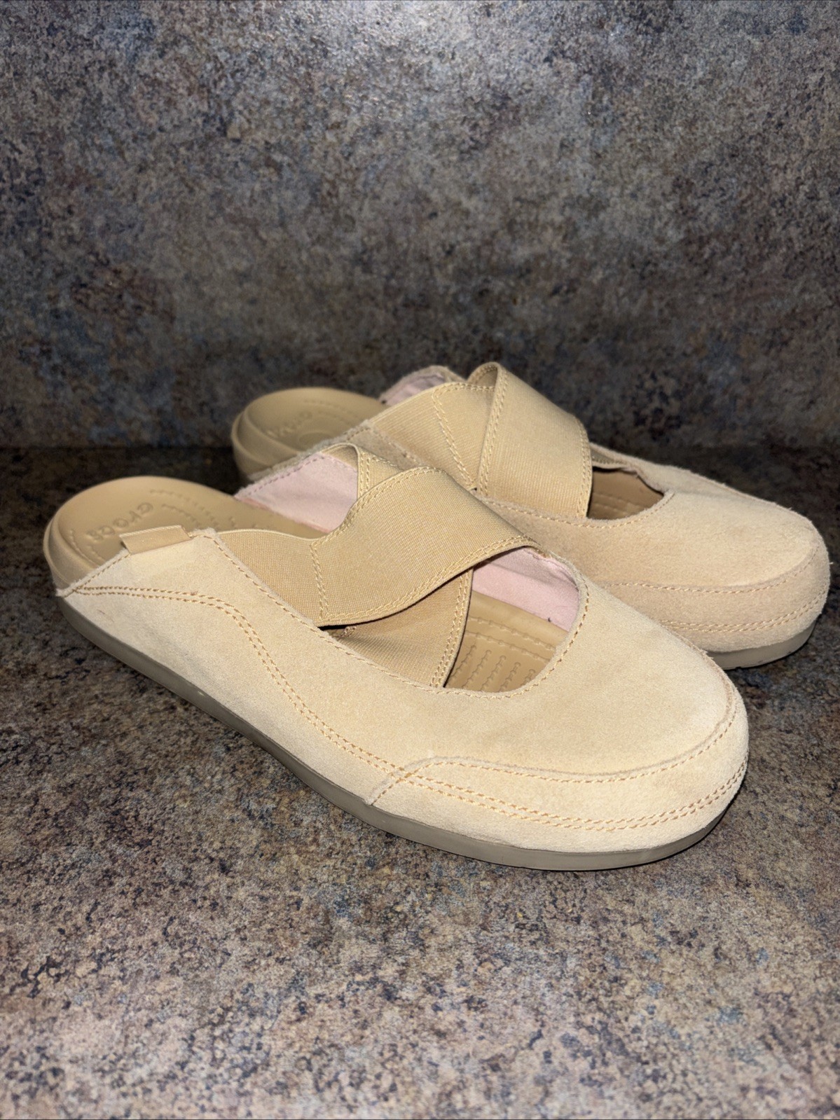 Crocs Edie Tan Chai Suede Croslite Sandal Slide Mule Woman Sz 9 Excellent Cond