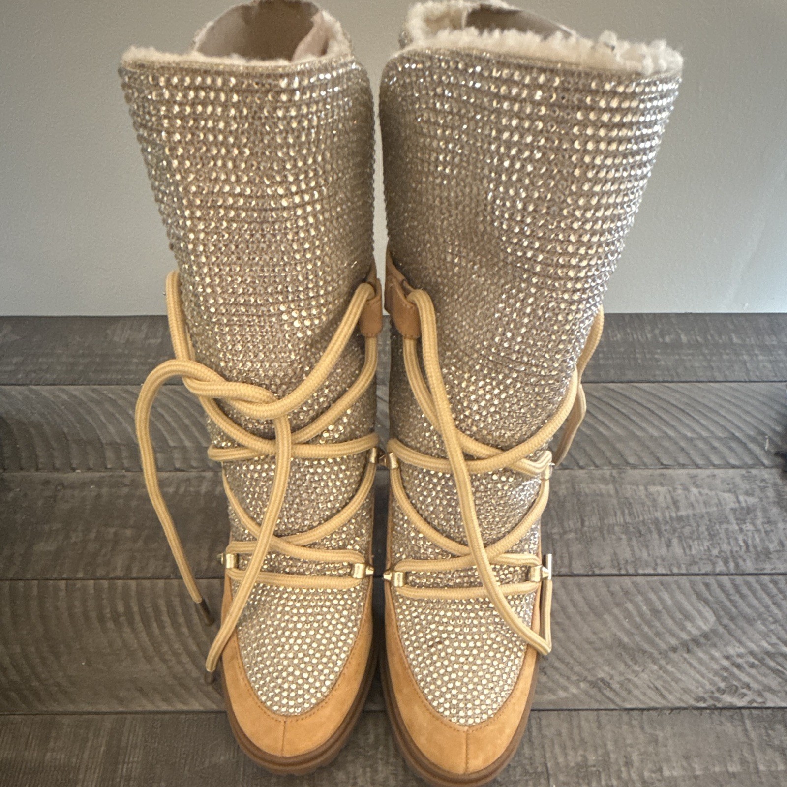 MICHAEL Michael Kors Tan Leather Faux Shearling Lined Rhinestone Lace Up Boots 8