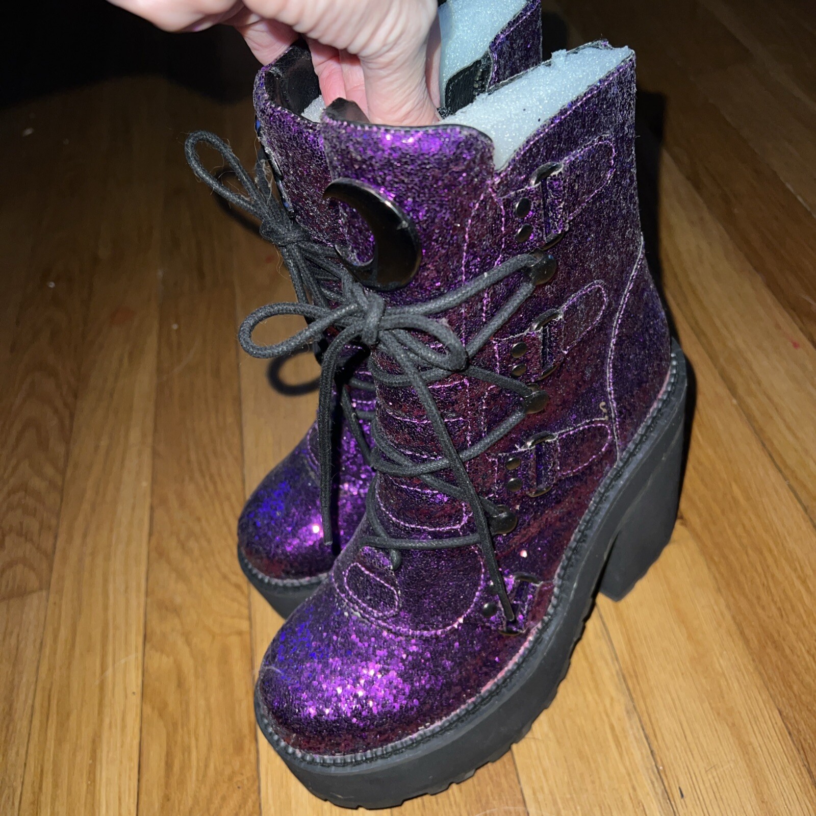 Killstar Platform Boots Heels Size 5 Glitter Purple Cosplay Goth Halloween NWOB