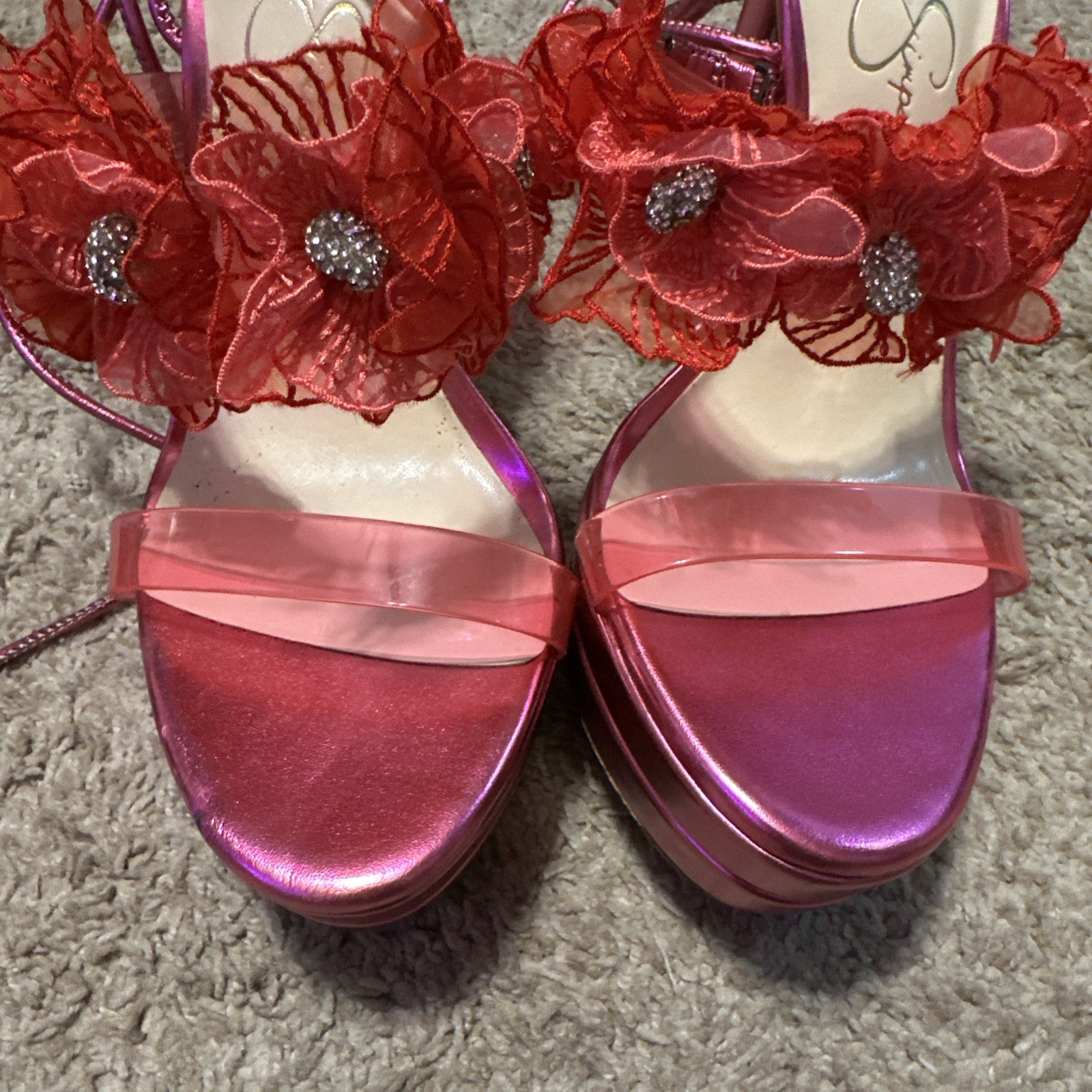 JESSICA SIMPSON Size 9.5M Iyla Pink Jewel Strappy Heels Lace Flowers Wrap Ankle