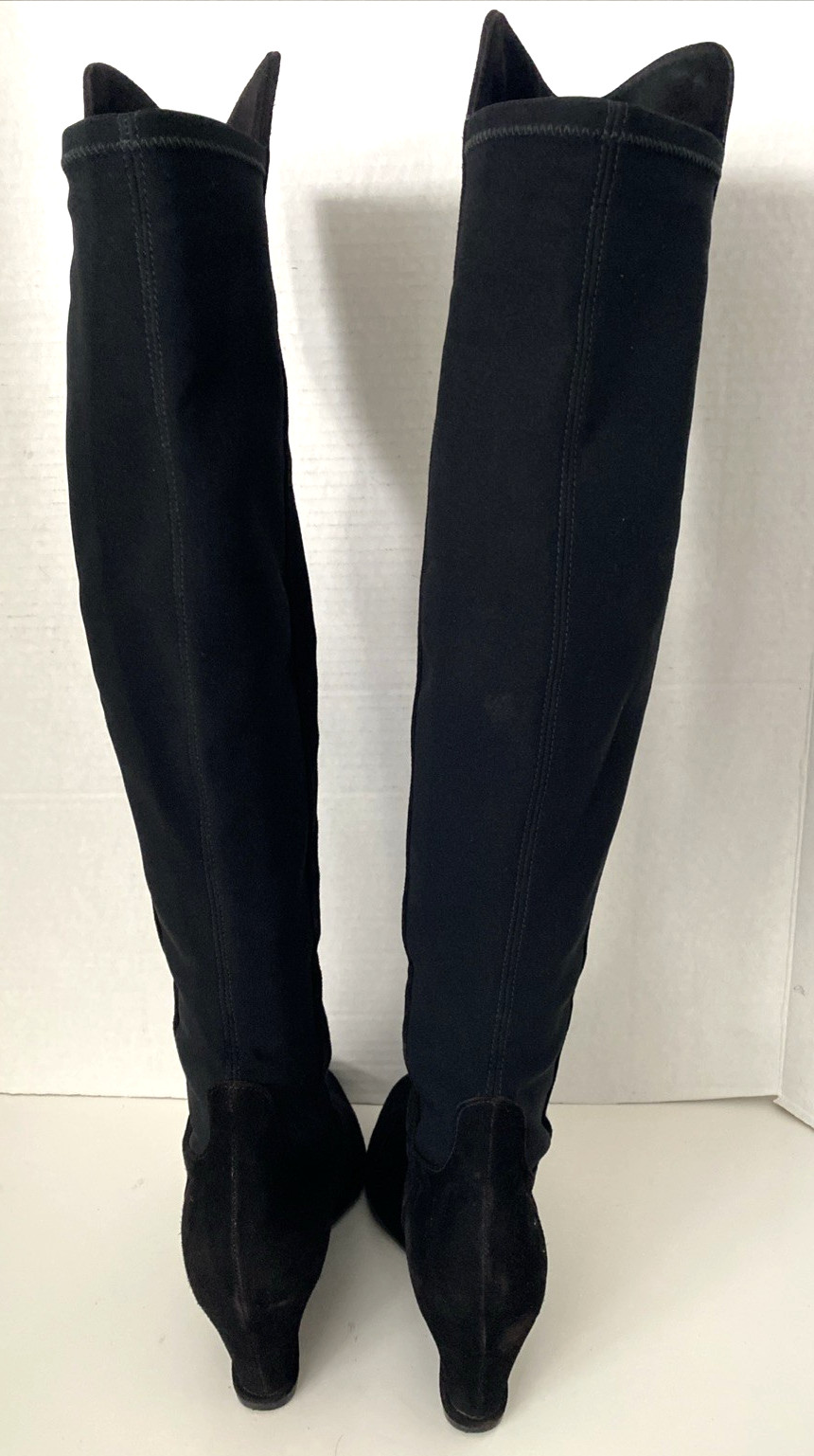 Stuart Weitzman Semi Boot Tall Stretch Back Suede Wedge Round Black OTK 5