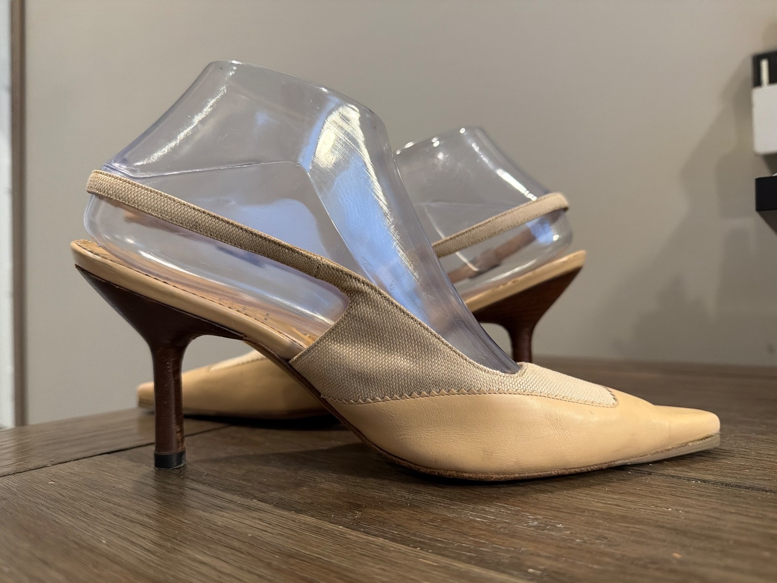 GUCCI Vintage Beige Leather Canvas Sling Back Heels Pumps Women’s 8 B