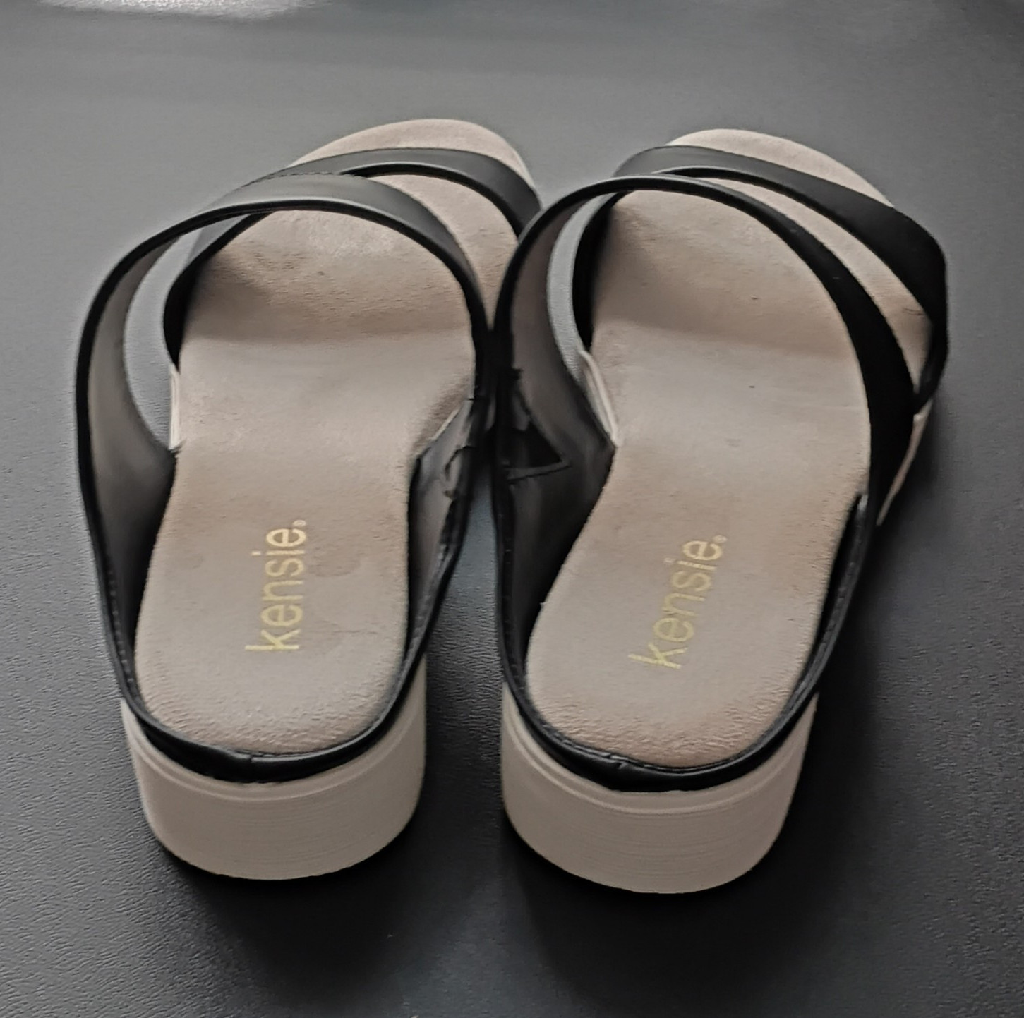 Kensie Women’s Black/Beige Leather Strappy Slide Slip-On Wedge Sandals Size 8