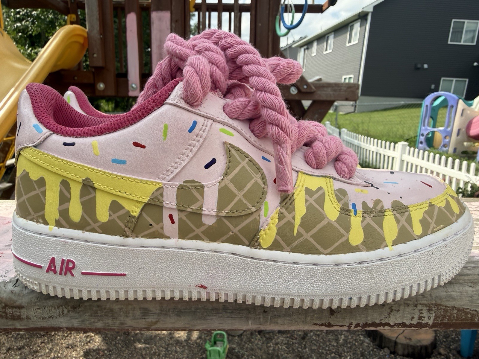 WMS 6.5 Custom hand painted “ Ice Cream and waffle “ AF1, with 8mm rope laces.