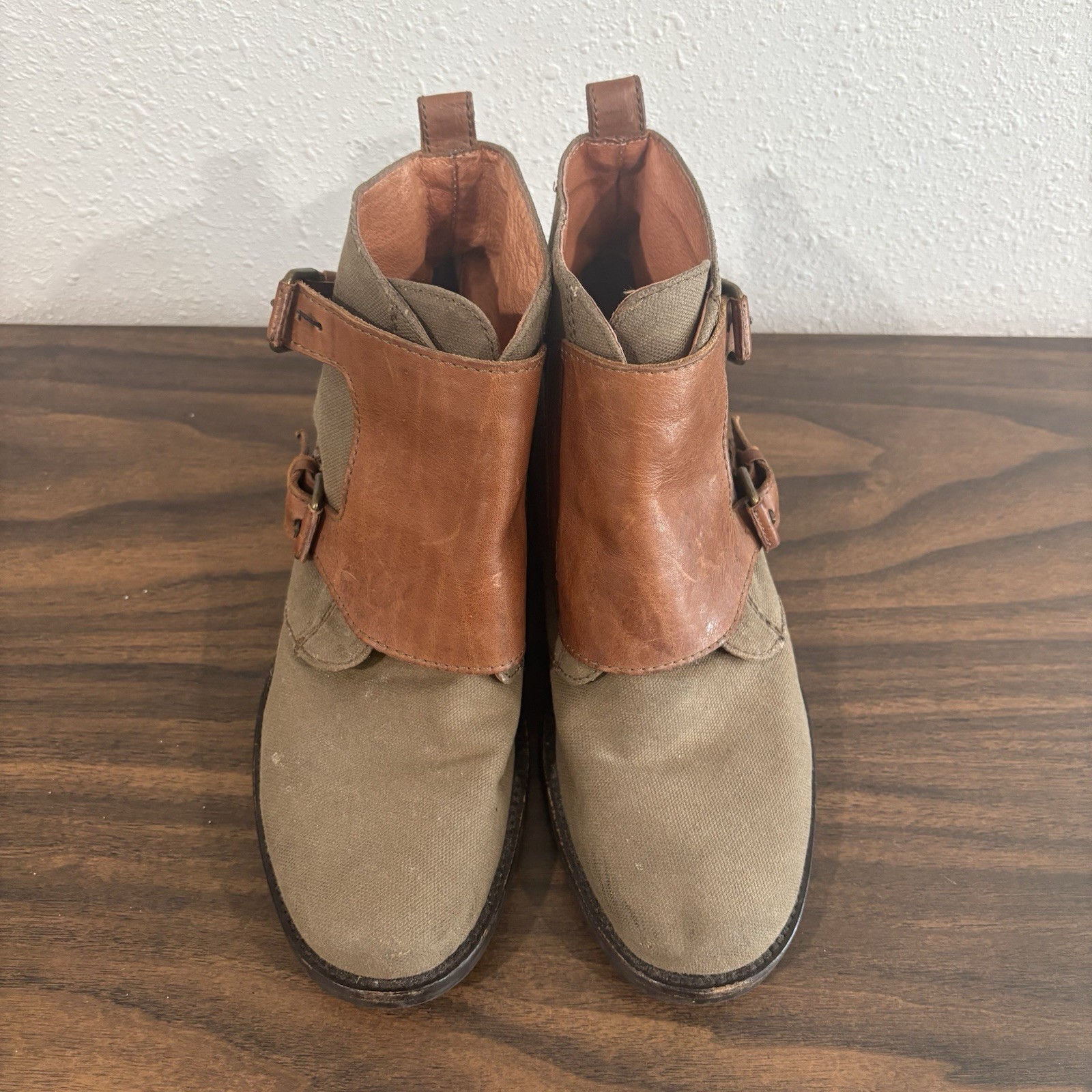 J Crew Womens Canvas Leather Double Monk Strap Ankle Booties Size 7 Green Brown