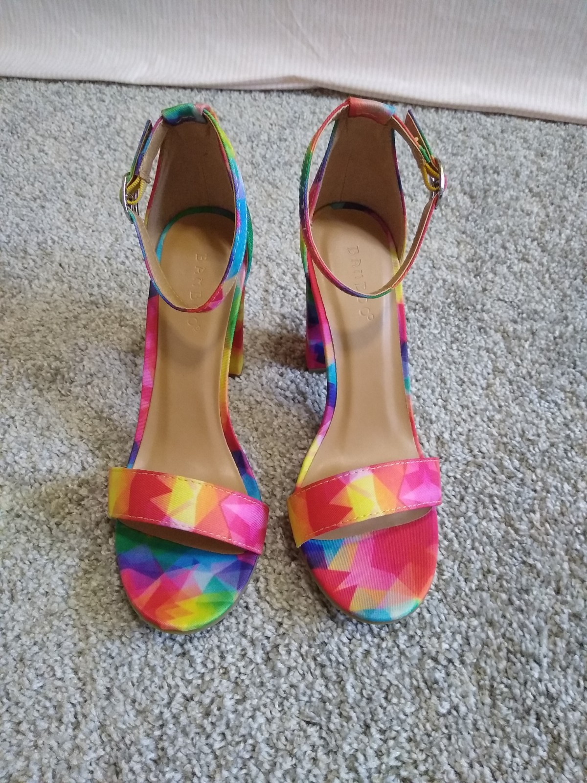 Y2K High Heels Rainbow Chunky Heels Sandals Textured Fabric Vintage Heels NIB 7