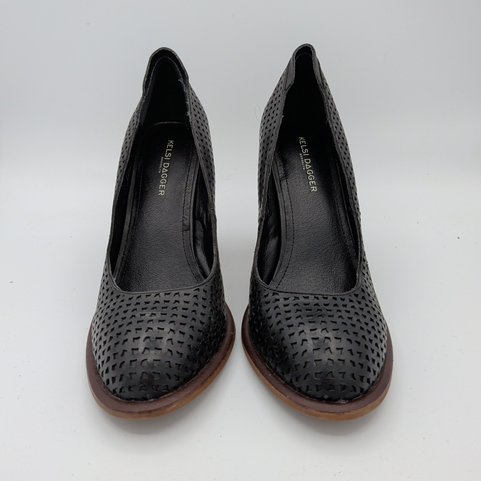 Kelsi Dagger Brooklyn Hall Black Leather Perforated Block Heel Pumps Size 9.5