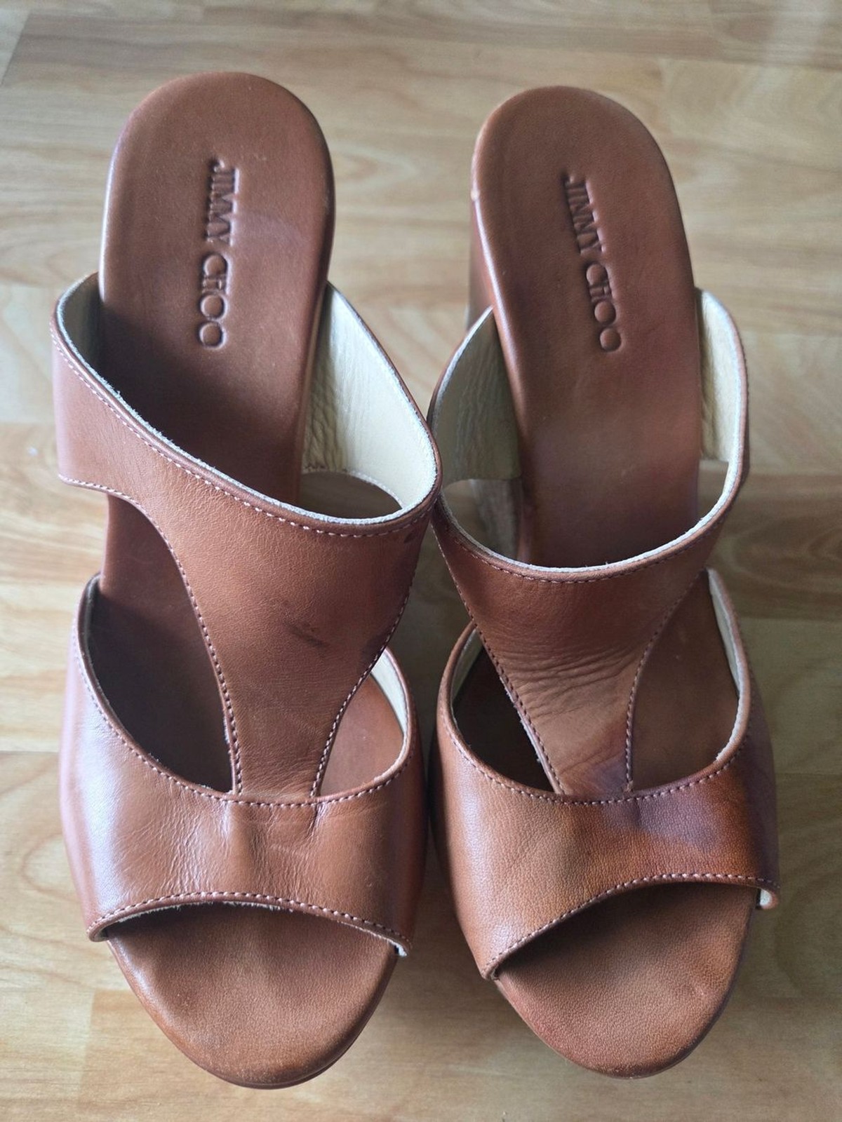Jimmy Choo Tan Leather Espadrille Wedge Sandals