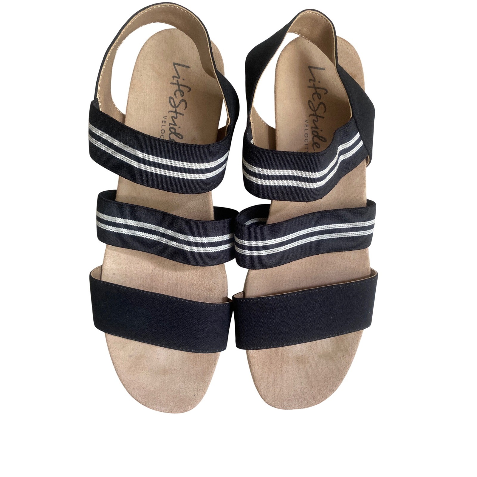 LifeStride Sunshine Black Striped Elastic Wedge Sandals Womens 9M Velocity 2.0