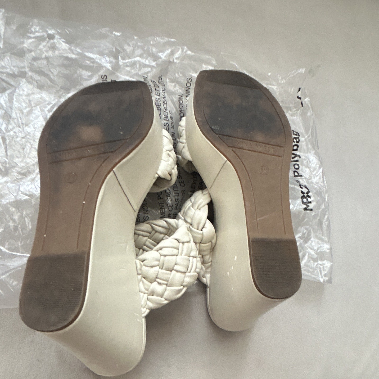 Nine West Women’s Beige Leather Braided Strap Slip-On Wedge Sandals 6