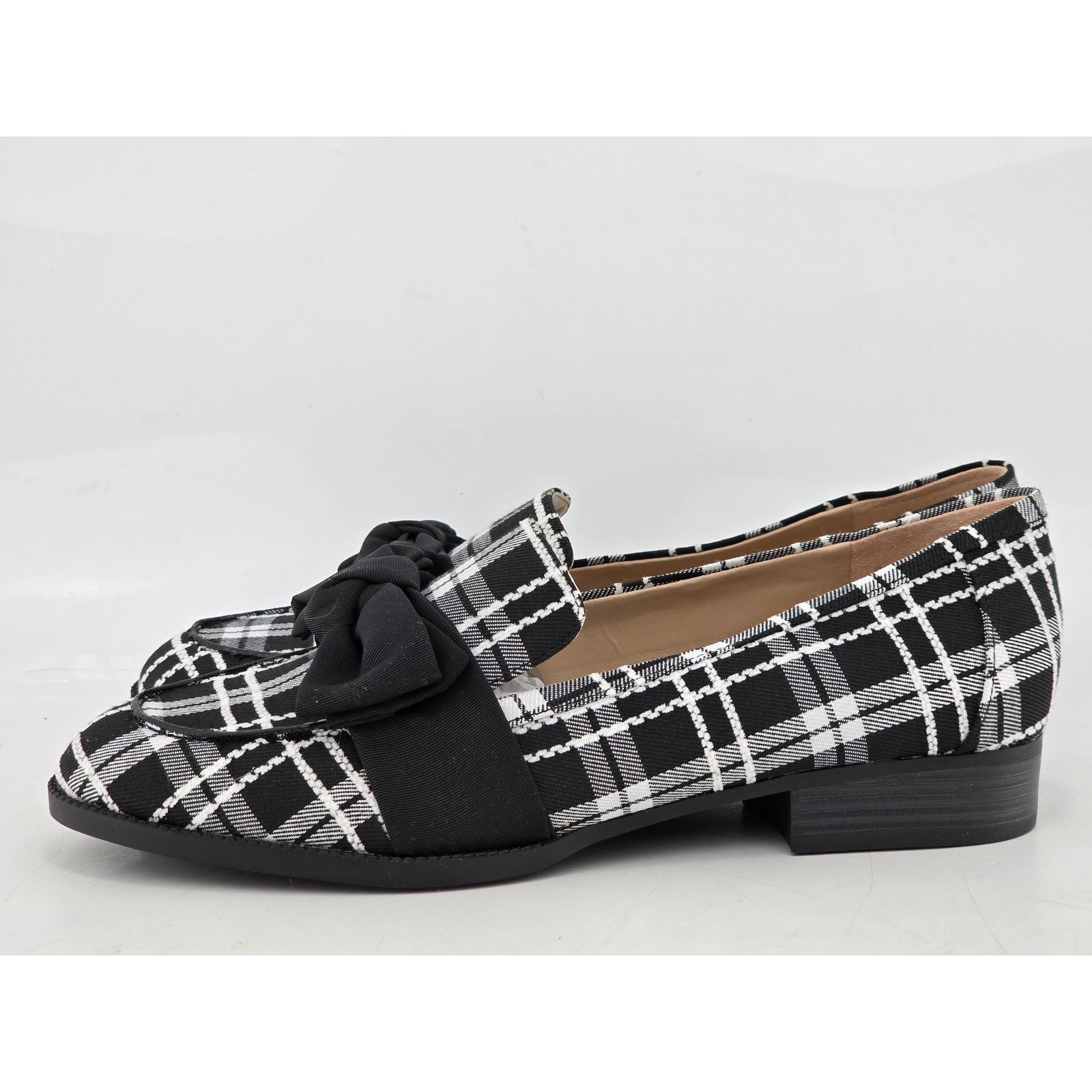 Bandolino Lindio Loafers Womens 9M Black White Plaid Bow Slip On Shoes -VGF
