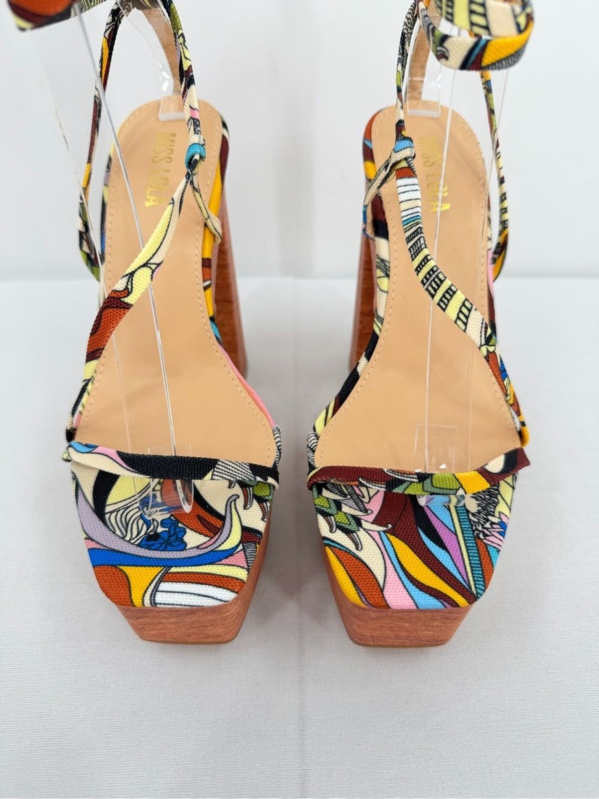 Resort Platform faux wood Block Heel Sandals Multicolor Vacation Heels 6.5