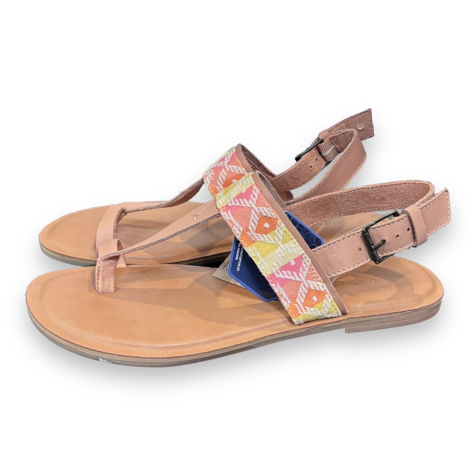 TOMS Bree Beige Leather Chevron Embroidered Orange & Yellow Sandals Size 9