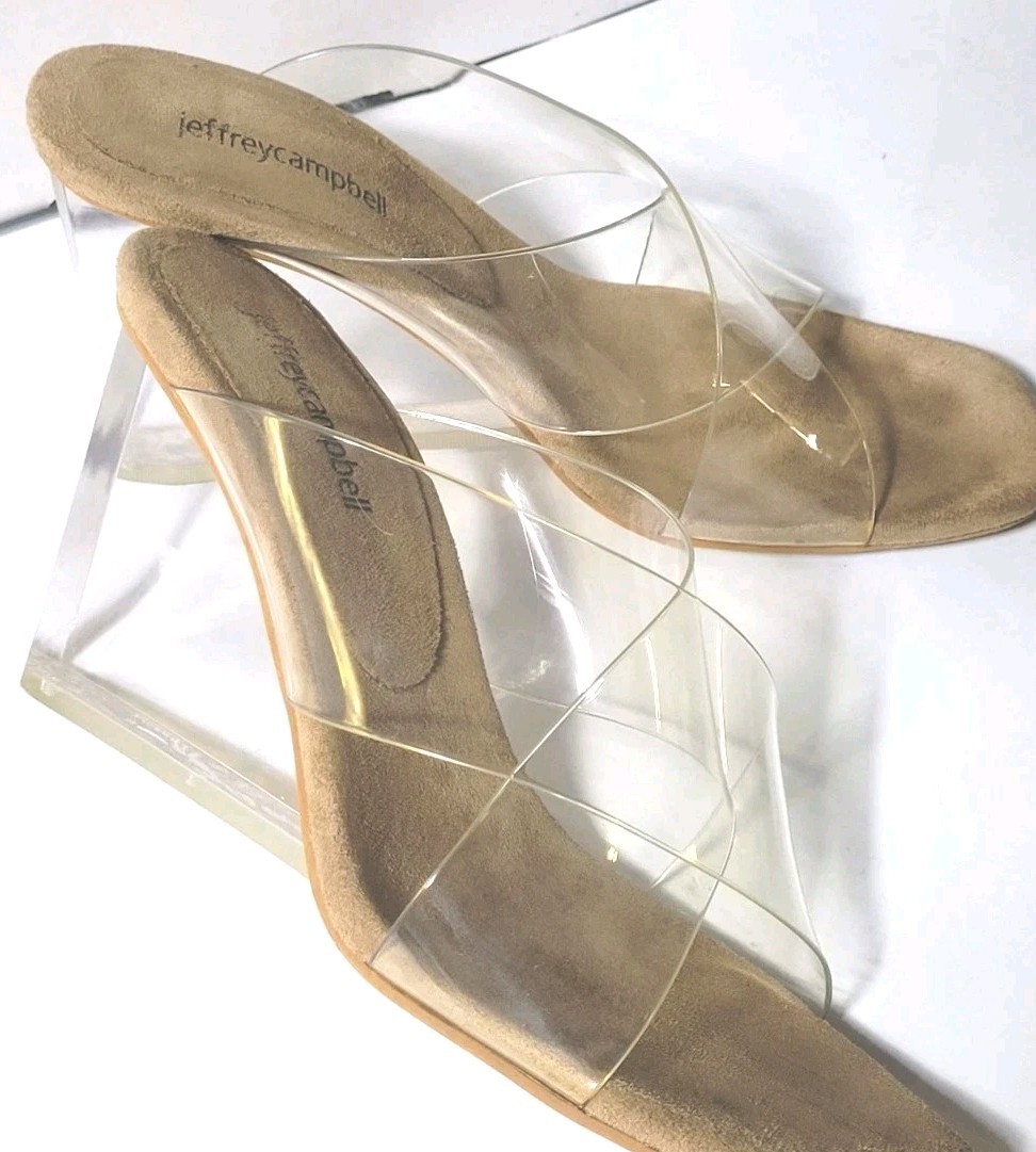 Jeffrey Campbell Clear Lucite Wedge Heels Sculptural Slides Sandals 7.5 Designer
