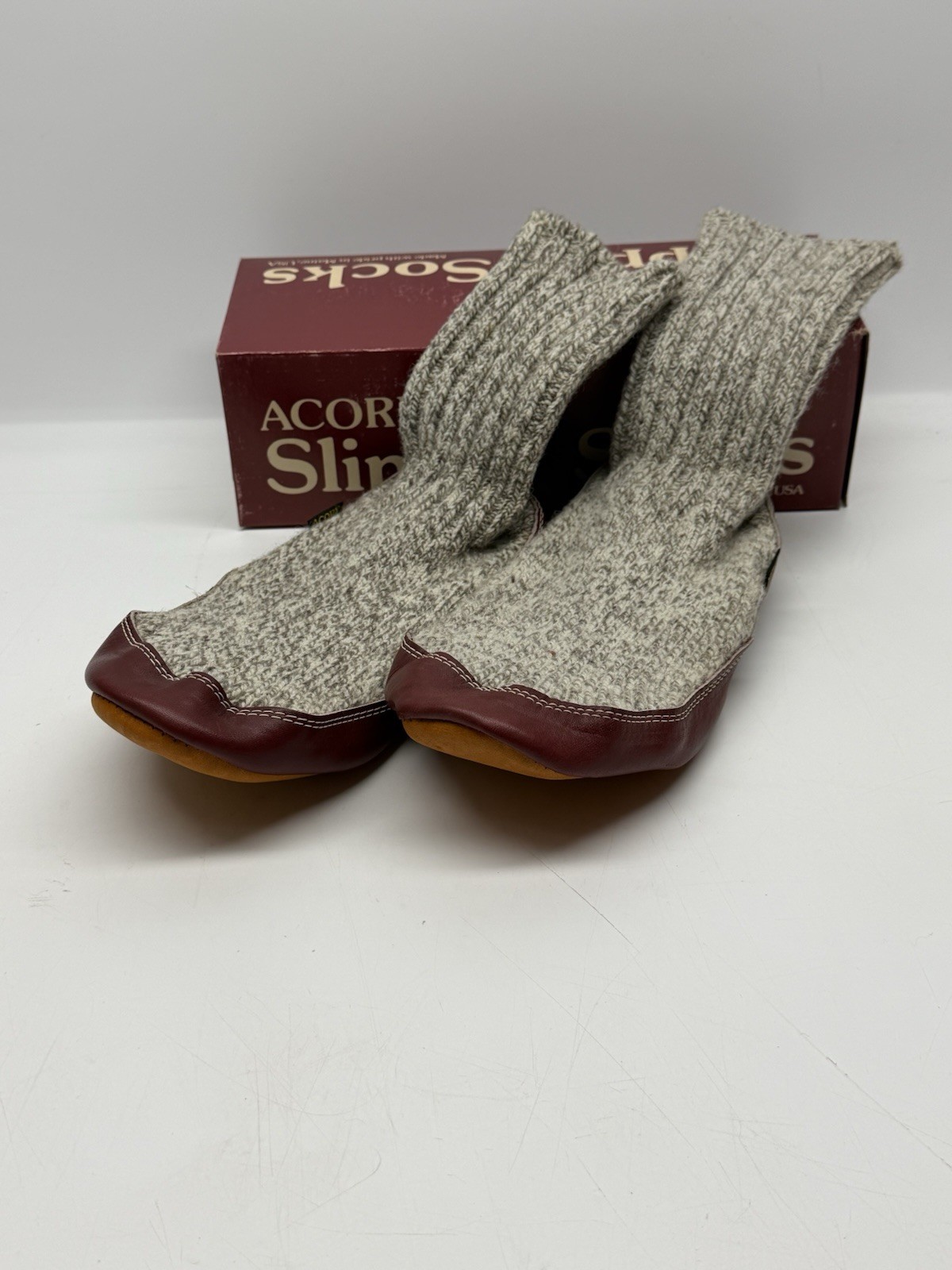 Acorn Tall Slipper Sock Leather Wool Women 9-10 Heathered Gray Wool Leather USA