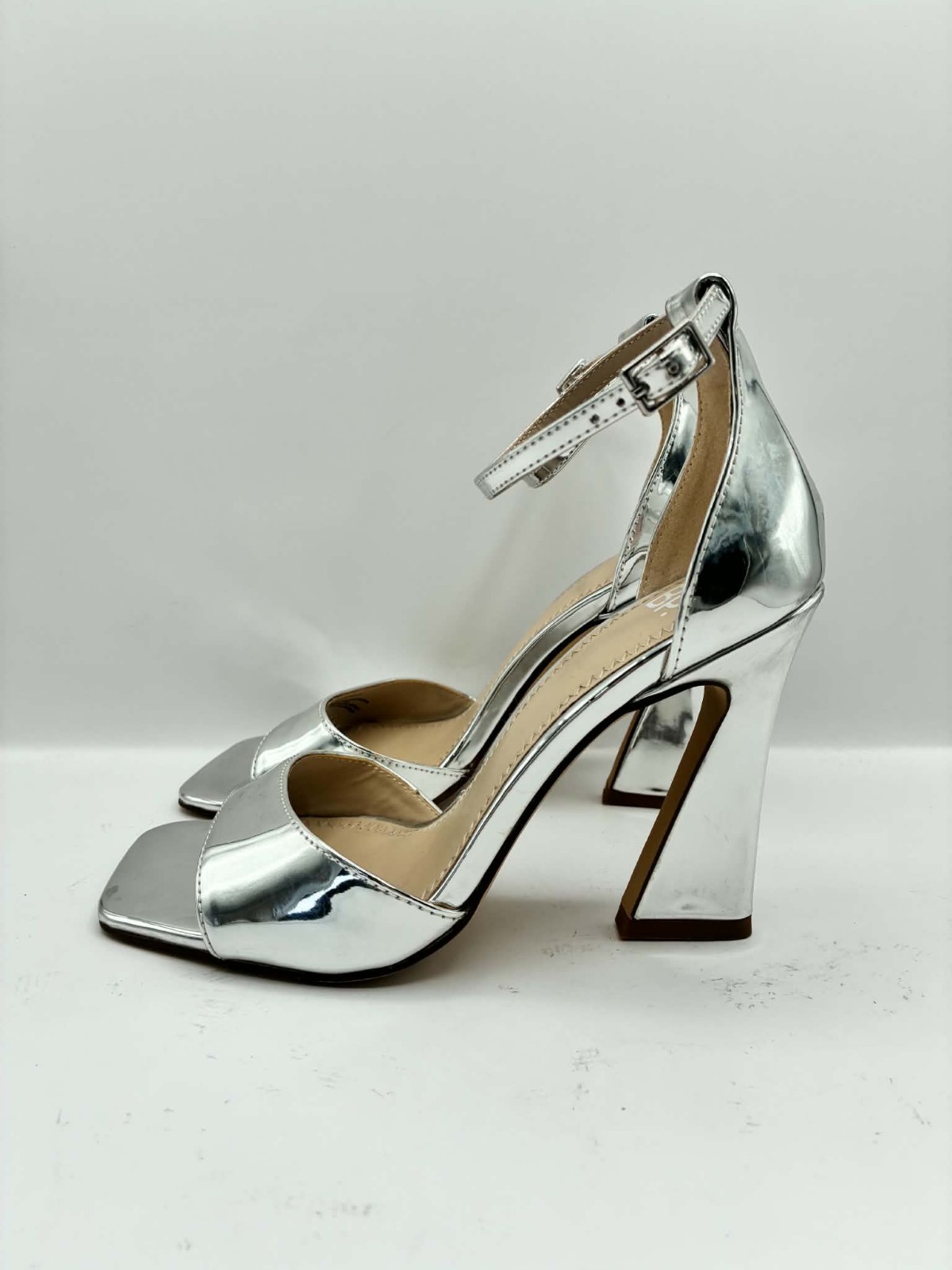 BP Silver Heel Shoes Ankle Strap Patent Upper Sandal Women Shoe Size 6 NEW