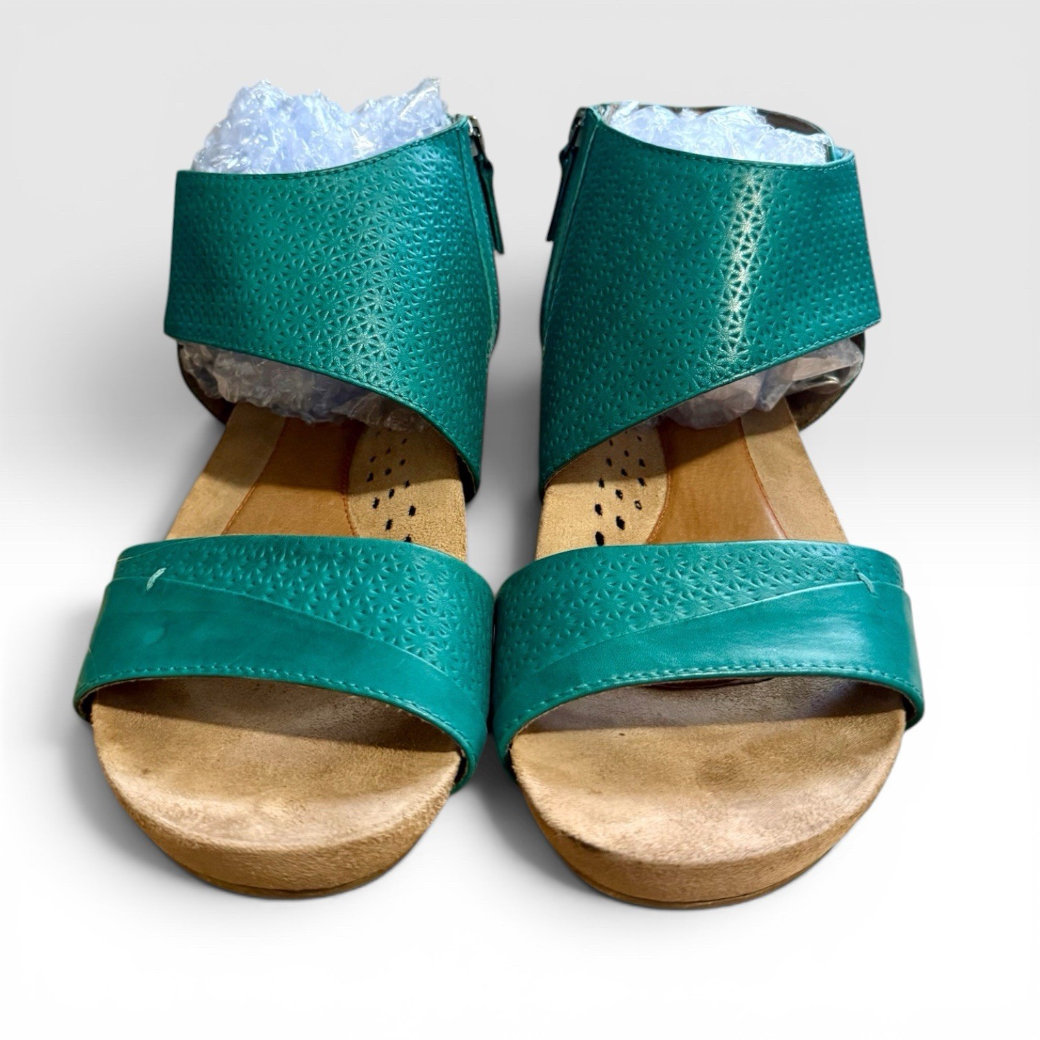 Rockport Cobb Hill Womens 9M Teal Leather Laser Cut Wedge Sandals Ankle Cuff Zip